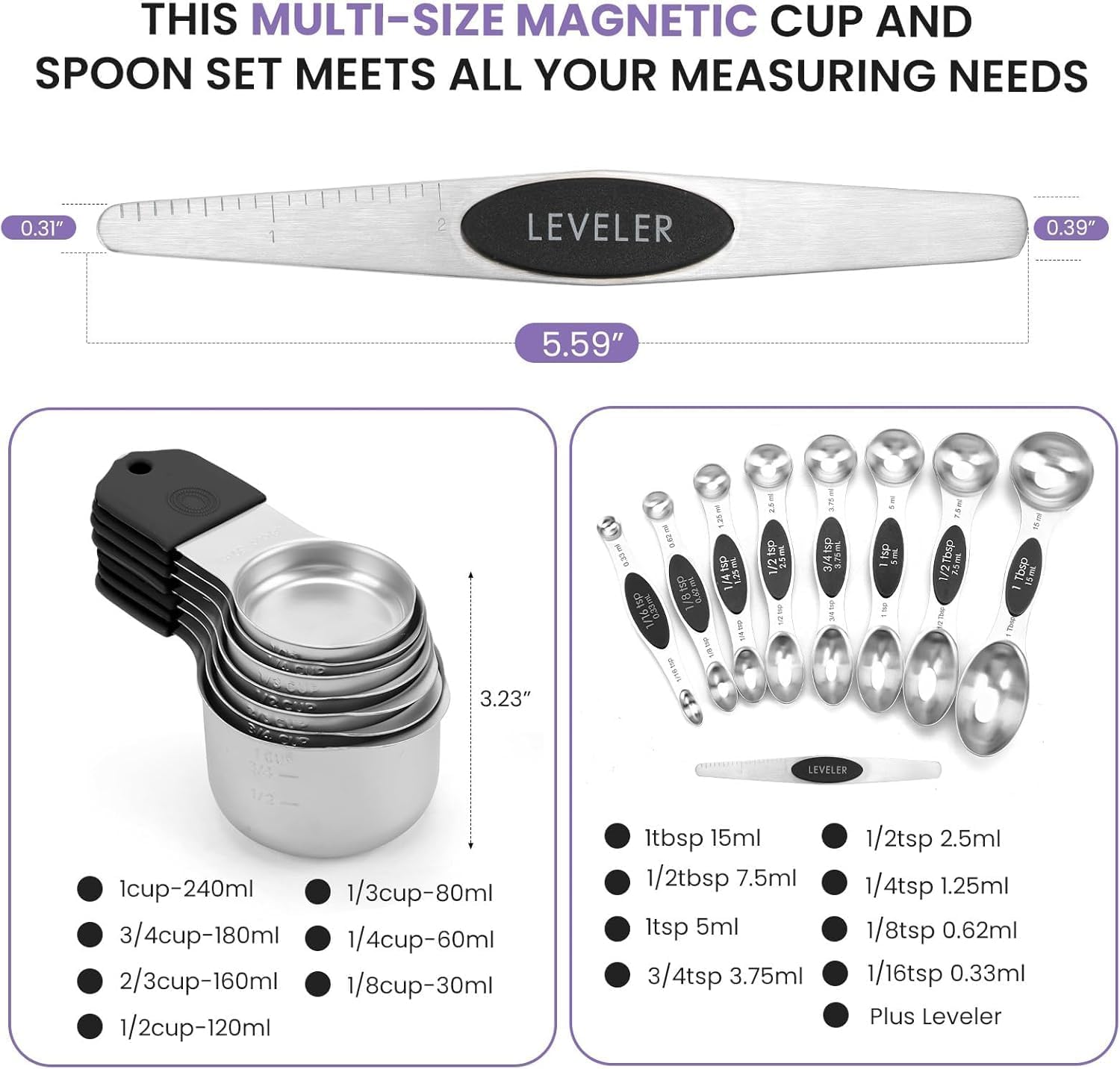 Measuring Cups and Spoons Set Stainless Steel Includes 7 Heavy Duty Measuring Cups 8 Double Sided Magnetic Measuring Spoons and 1 Leveler for Dry and Liquid Ingredients