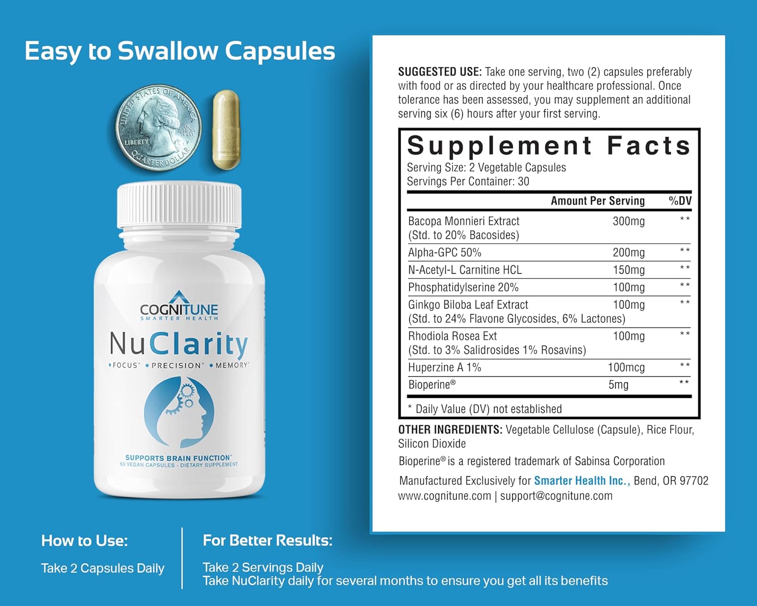 CogniTune NuClarity Brain Supplement for Memory and Focus - Caffeine-Free Nootropic for Mental Clarity Without Jitters - with Ginkgo Biloba, Bacopa Monnieri, Alpha-GPC for Cognitive Support