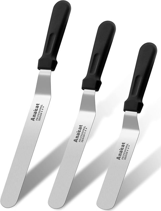 Espátulas de glaseado, juego de 3 espátulas offset en ángulo para pasteles profesionales con cuchillas de acero inoxidable de 6", 8", 10"- Cuchillo de glaseado engrosado con mango de plástico para decorar pasteles, pasteles y panadería