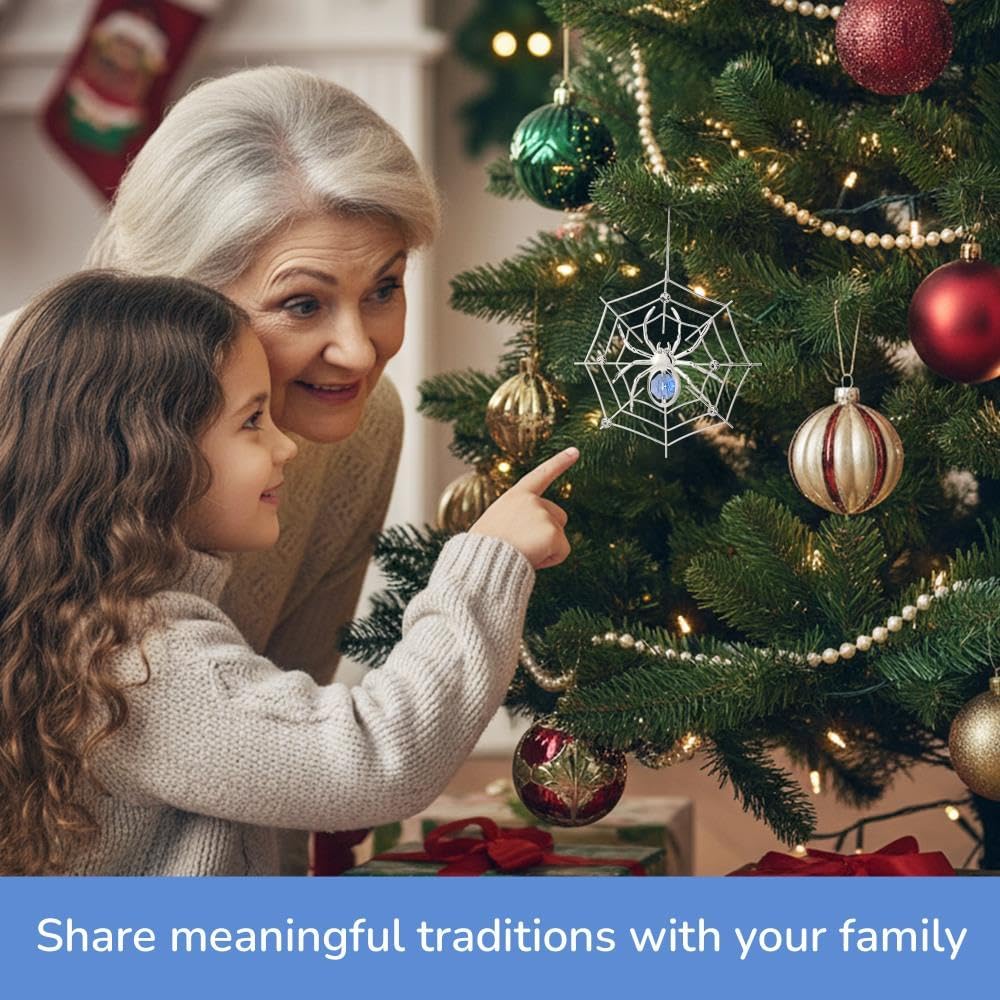 Matashi Silver Plated Christmas Tree Spider Ornament w Blue, Clear Crystals Lucky Hanging Decoration, Holiday Ornament Gift, Unique Spider Decor for Christmas & Halloween Party w Tinsel Legend Story - Image 9