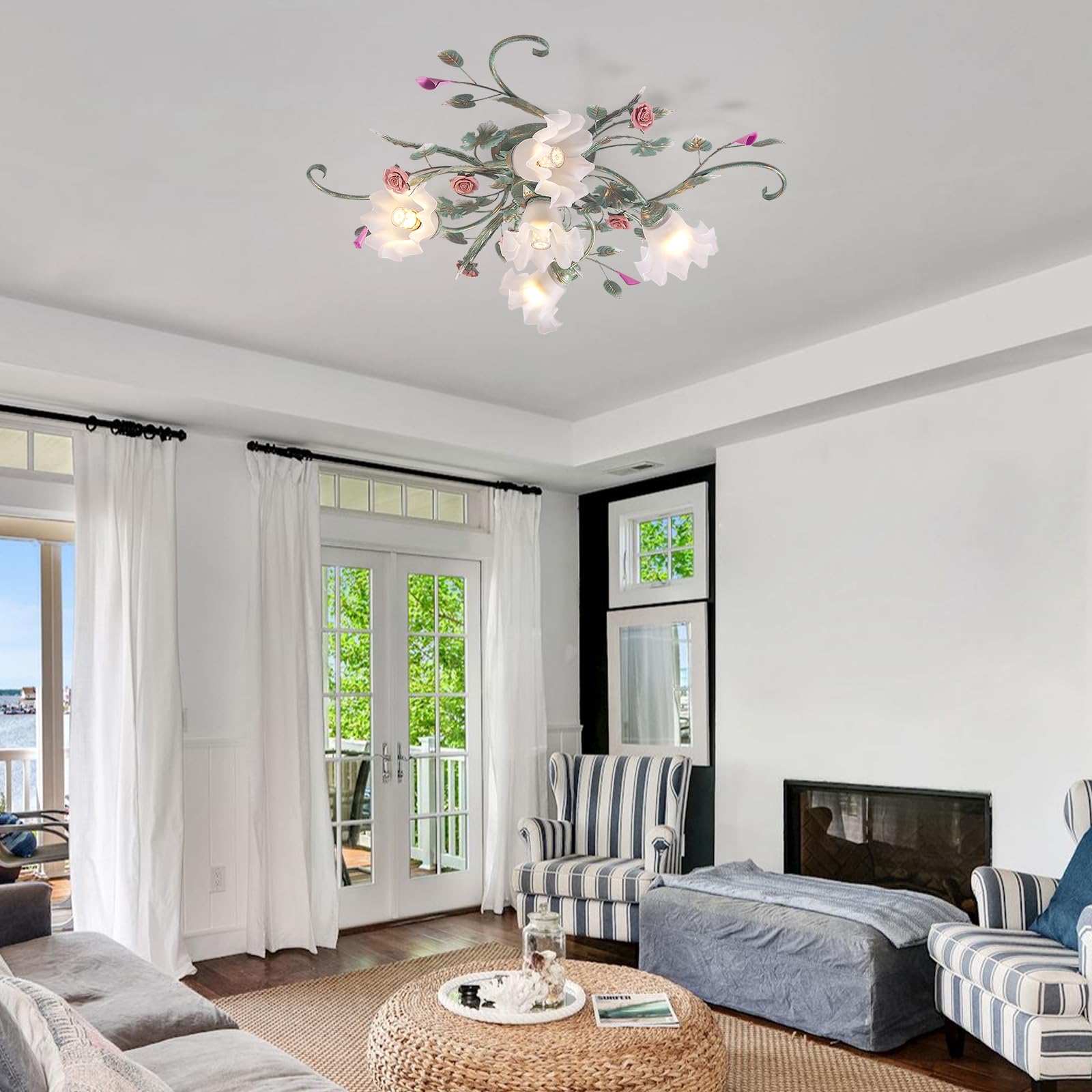 Deckenleuchte Landhaus,Vintage Blumen Design Metall Pendelleuchte, Kronleuchter Mit Glas Lampenschirm Und Rosa Rosen Keramik Für Wohnzimmer Schlafzimmer Restaurant Flur 5 Kopf Grün