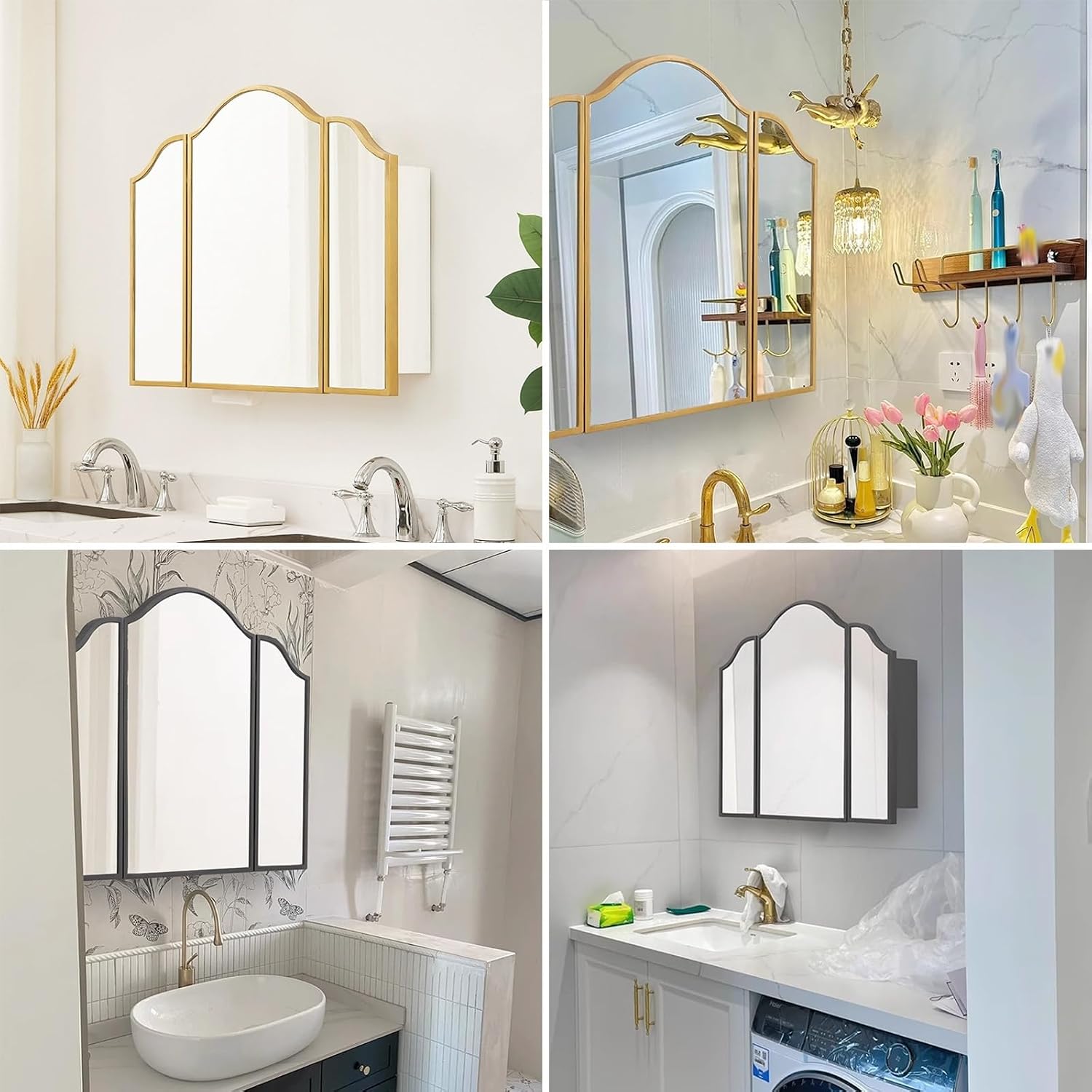 Retro 3-Door Bathroom Mirror Cabinet with Shelves, Wall-Mount Vanity Storage for Toilets & Dressing Tables, Stylish 80x13x60 cm Space-Saving Design,Gold