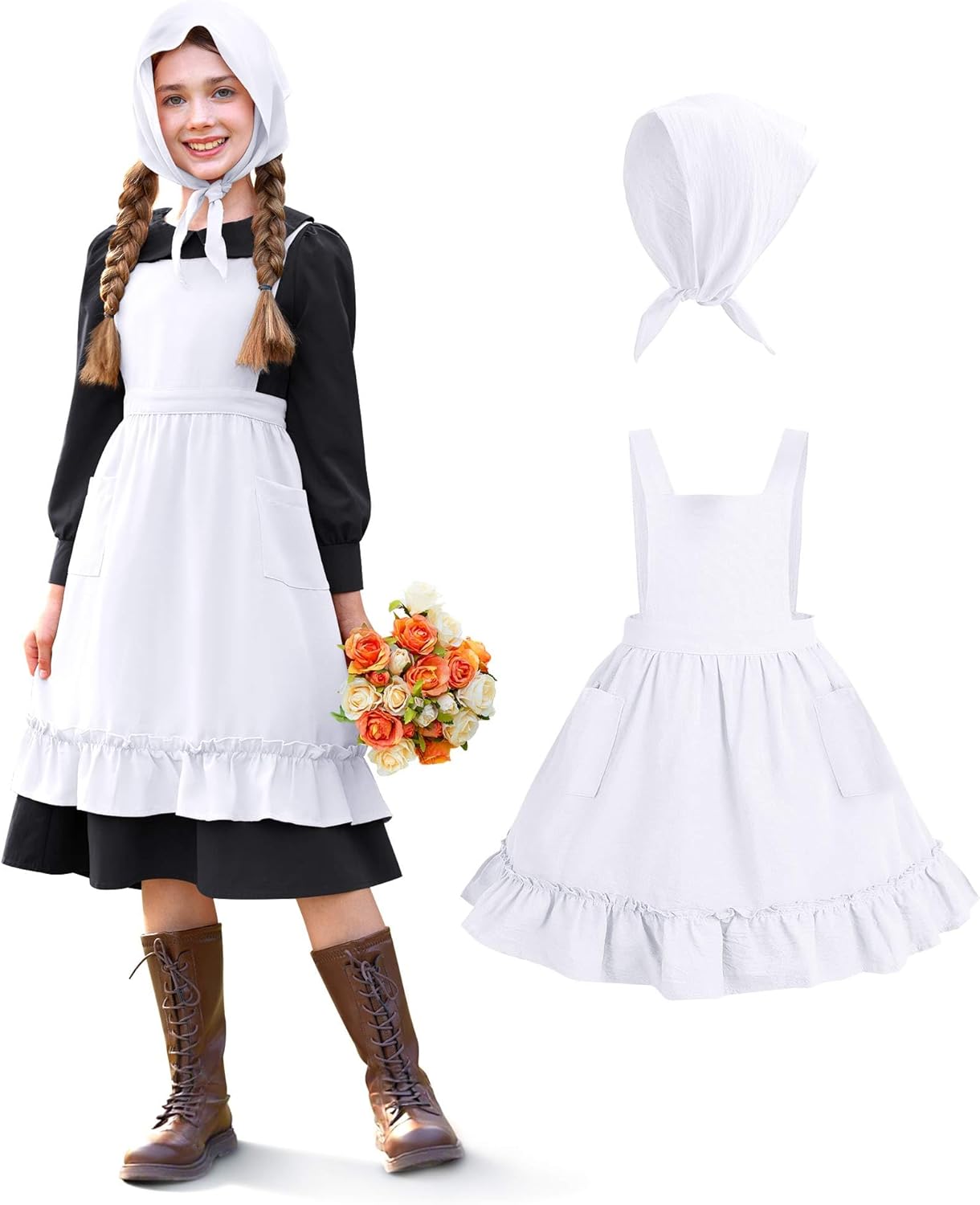 BesserBay Girls 3PCS Colonial Pioneer Dress Peter Pan Collar Prairie Girls Outfit 6-14 Years