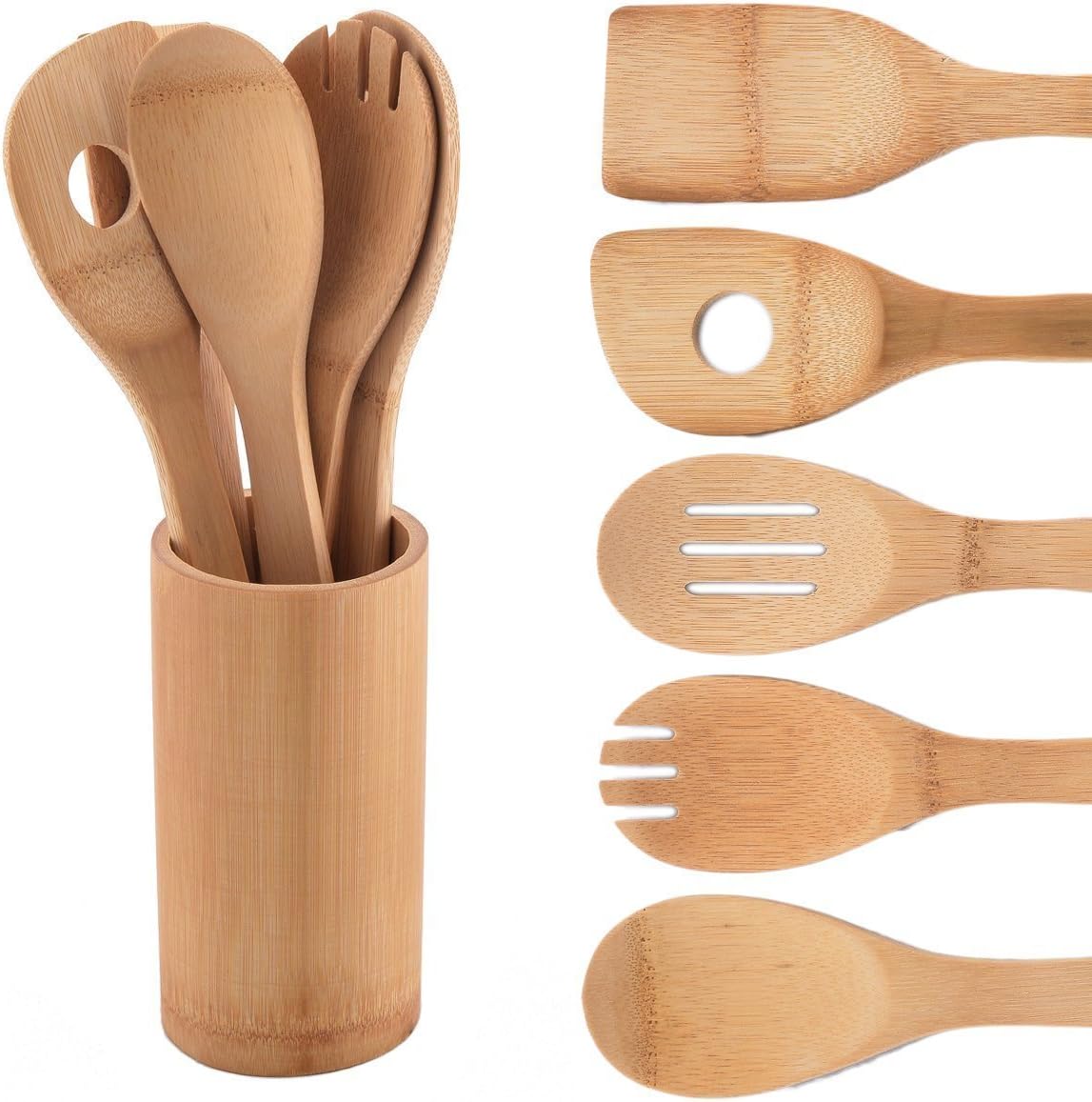 Heselian Organic Premium Bamboo Wooden Kitchen Cooking Utensils Wooden Bamboo Spoons Spatulas, Include Utensil Holder Organizer , Non Stick Wooden Kitchen Gadgets