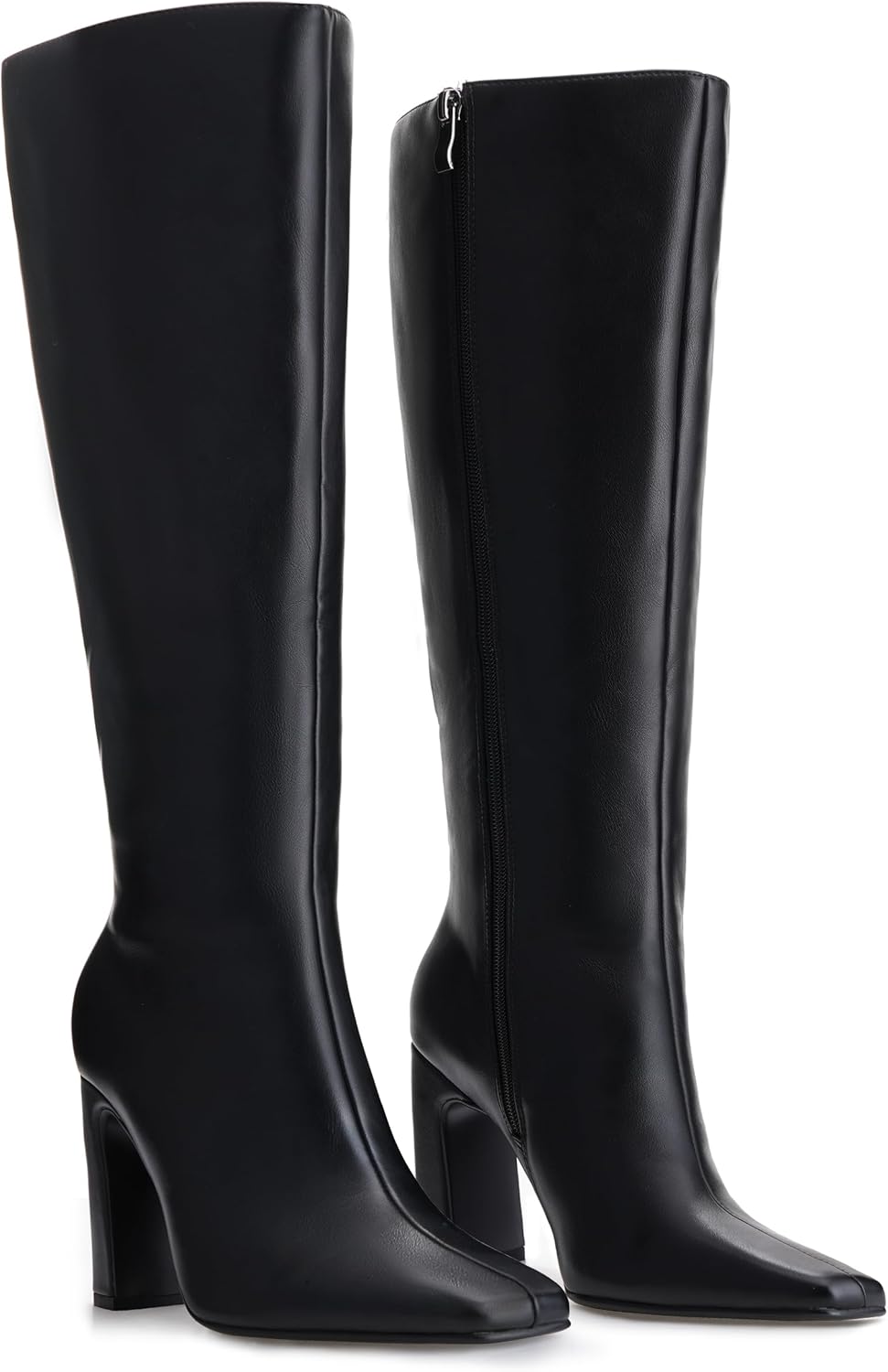 DREAMCIA Knee High Boots Women Chunky Block Heel Square Toe Leather Boots Fashion Tall Dress Boots Long Fall Boot