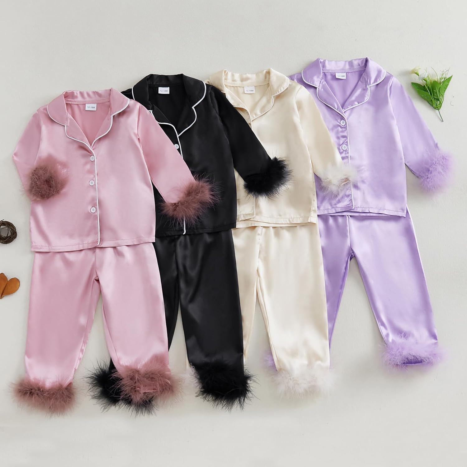 Toddler Baby Girl Satin Pajamas Set Fuzzy Trim Button Down Sleep Shirt Top Pants Bottoms Sleepwear Loungewear Set - Image 3