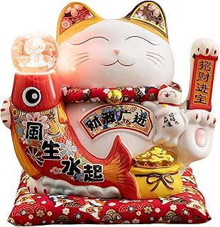 Large Chinese Ceramic Lucky Cat Japanese Maneki Neko Fortune Cat Statue Lucky Cat Waving Arm Feng Shui Decor for Home/Office/Shop/Restaurant for Wealth & Good Luck