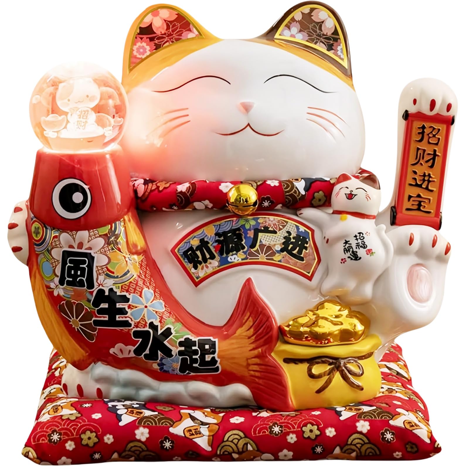 Estatua grande de gato de la suerte Maneki Neko con bola de cristal, figura de gato de la fortuna japonesa, blanco y rojo