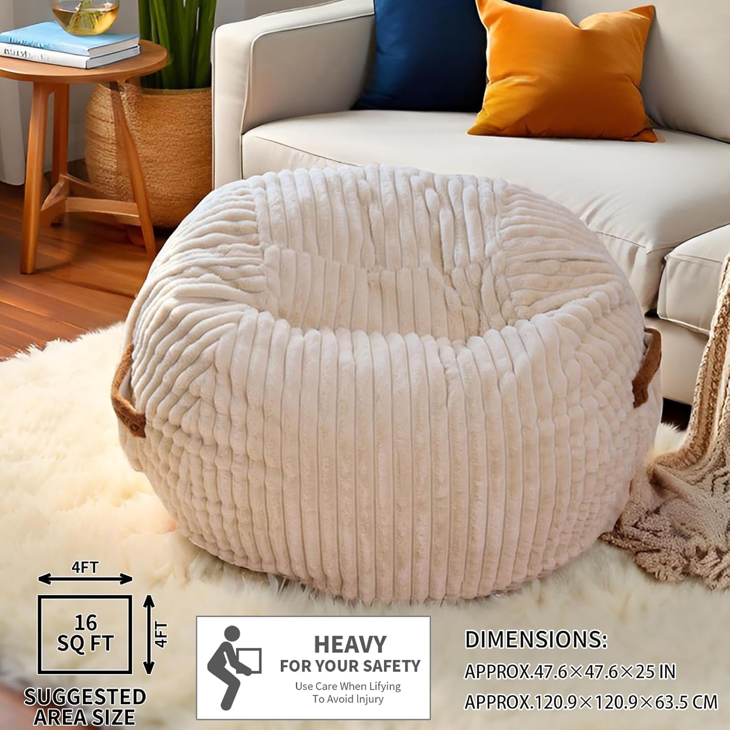 4ft Bean Bags Chair for Adults, Giant Beanbag Chair with Memory Foam Filled, Soft Comfy Large Bean Bag Couch Big Sofa Bed for Living Room Bedroom (Beige)