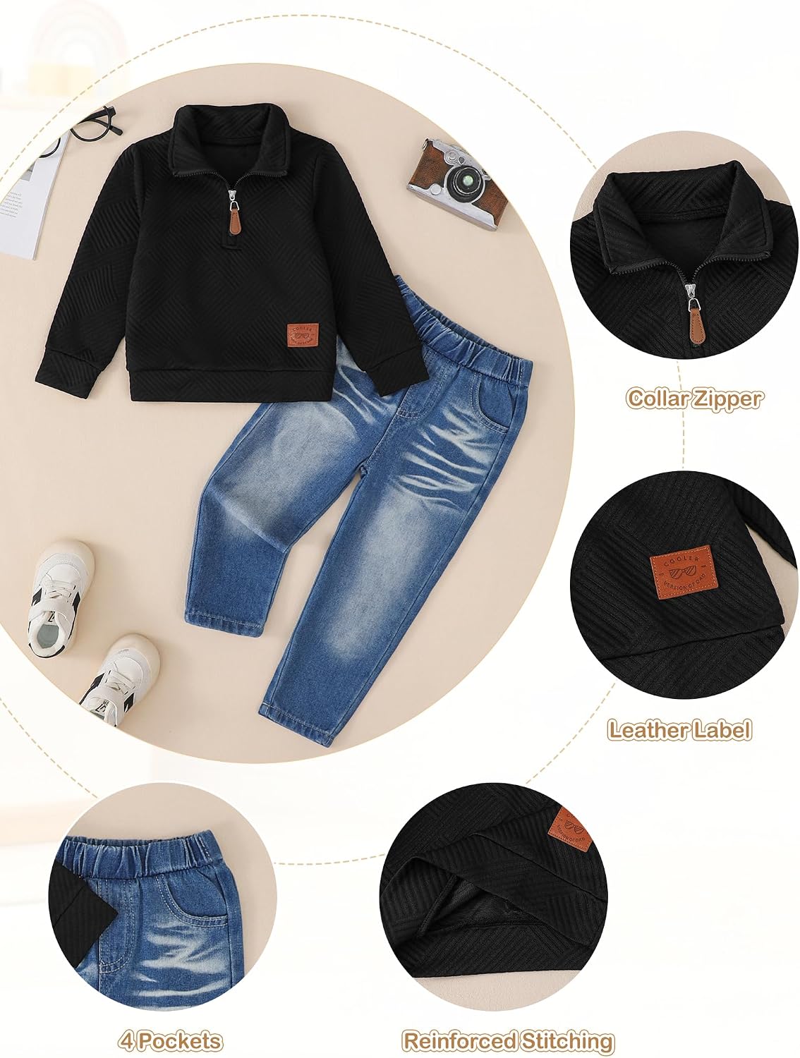 Boy Clothes Long Sleeve Solid Sweatsuits Tops and Jean Pants 2Pcs Boys Fall Winter Outfits Set Size 2-8Y