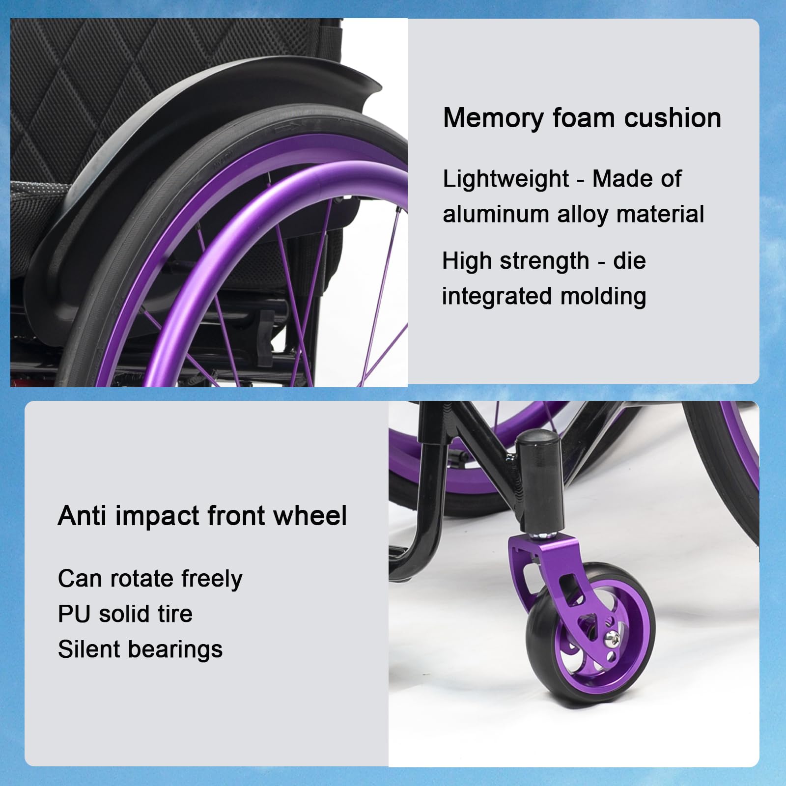 Silla de ruedas deportiva ligera con frenos de mano, silla de ruedas manual portátil de aleación de aluminio autopropulsada para transporte, diseño plegable y ruedas traseras de liberación rápida