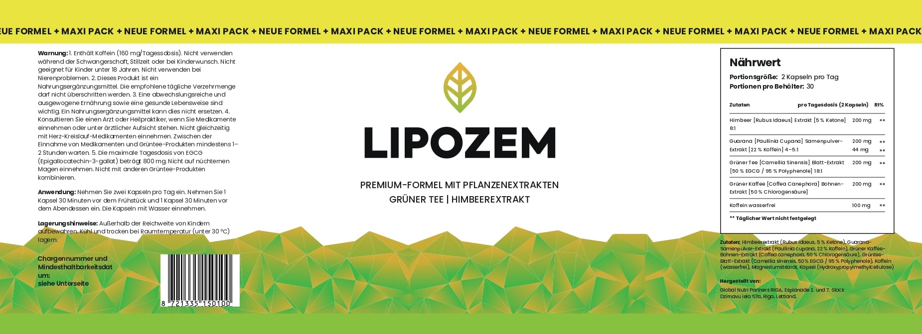 Lipozem Pflanzenextrakt-Supplement, Himbeer und Grüner Tee Extract, 60 Kapseln