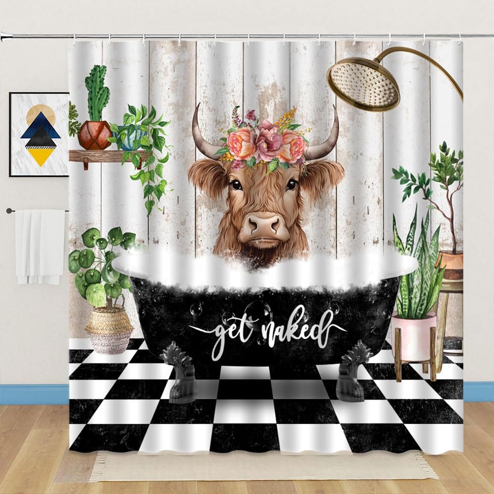 Funny Highland Cow Shower Curtain Fashion Bull Pink Floral Cute Bathtub Get Naked White Plaid Farmhouse Potted Wood Bathroom Decor Fabric Curtains with Hook 70Wx80H Inches