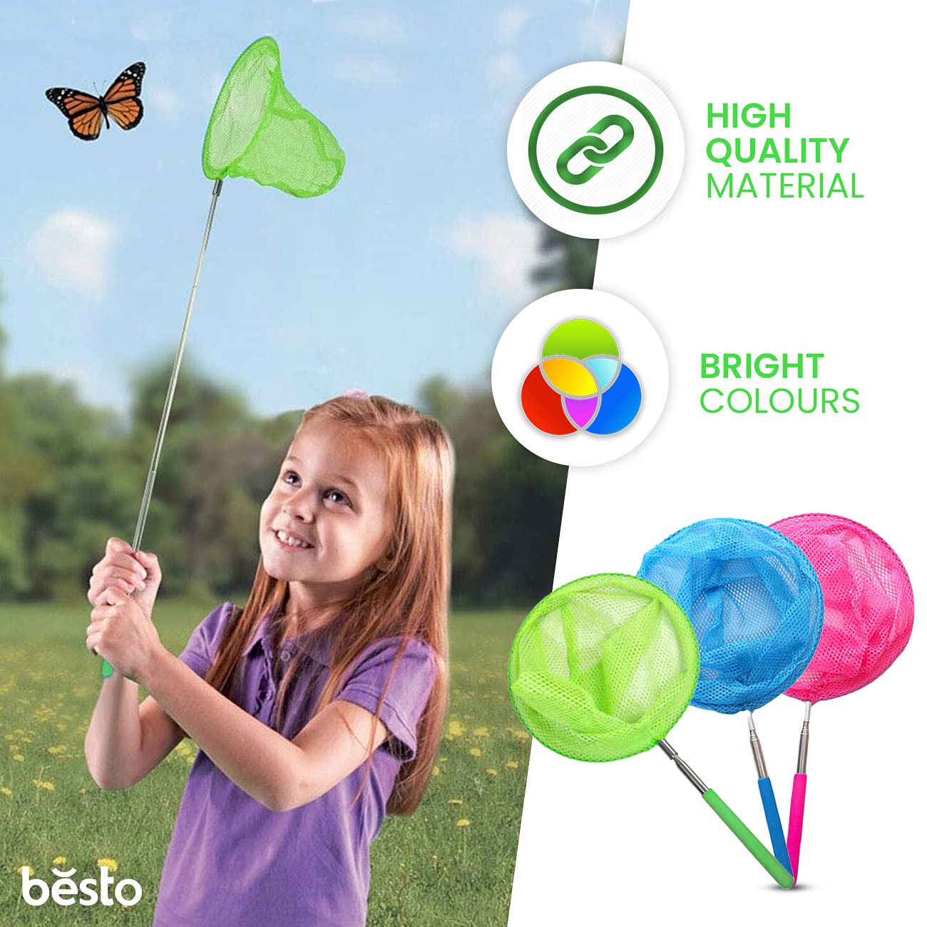 Kids Fishing Net Butterfly Net Telescopic Children's Insect Catch Mesh Fish  Net Lightweight and Extendable (38-86 Cm)