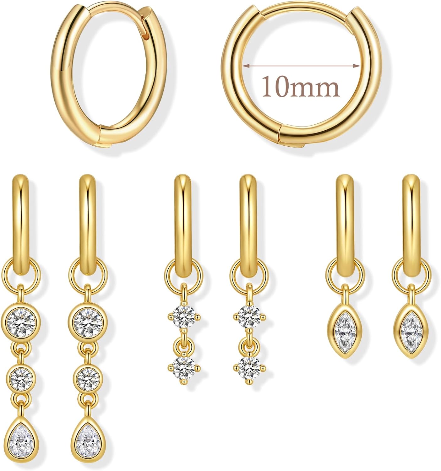 Dainty Gold Dangle Earrings Set, 3 Pairs 14K Gold Plated Hypoallergenic Small Drop Earrings with Geometric Cubic Zirconia Jewelry Gift for Women - Image 7