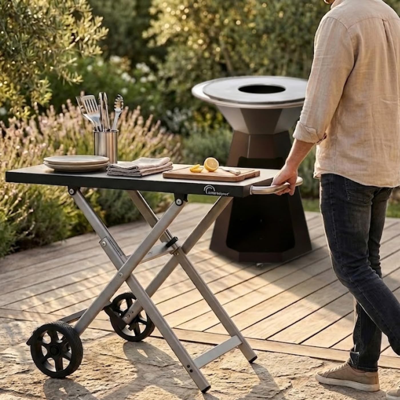 Little Balance 3047 Easy Trolley, Chariot Pliable pour Plancha Barbecue, Desserte à roulettes, 2 Roues Jardin, Jardin, Terrasse, Camping, Extérieur et Intérieur, 3 Crochets INOX, Acier Inoxydable