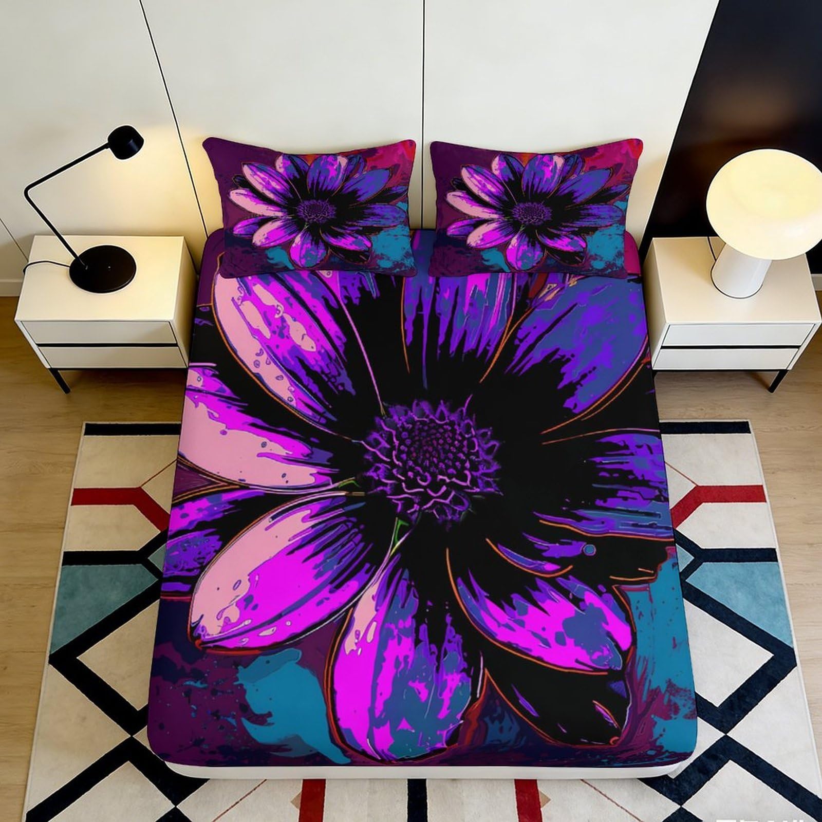 Vivid Decor Purple Flower Fitted Sheet, 3D Printed Microfiber, Soft Touch, Bed Sheet for Bedroom or Guest Room, Wrinkle Resistant, Apartment Bedding, 120x200cm 90x200x25cm