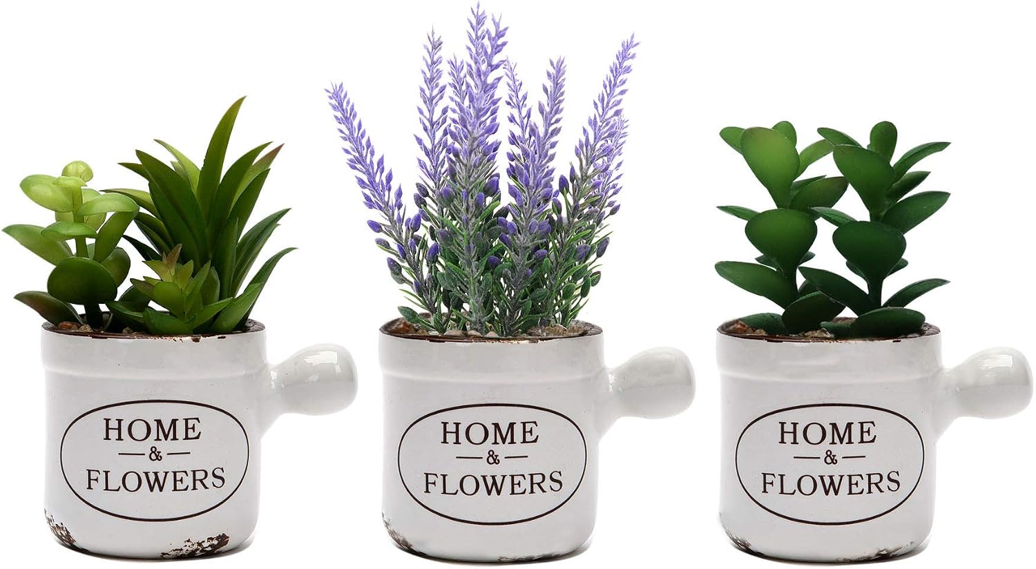 L2b Lifelike Artificial Mini Fake Plants in Vintage Ceramic Pots, Succulents and Lavender, Home and Office Décor – Set of 3