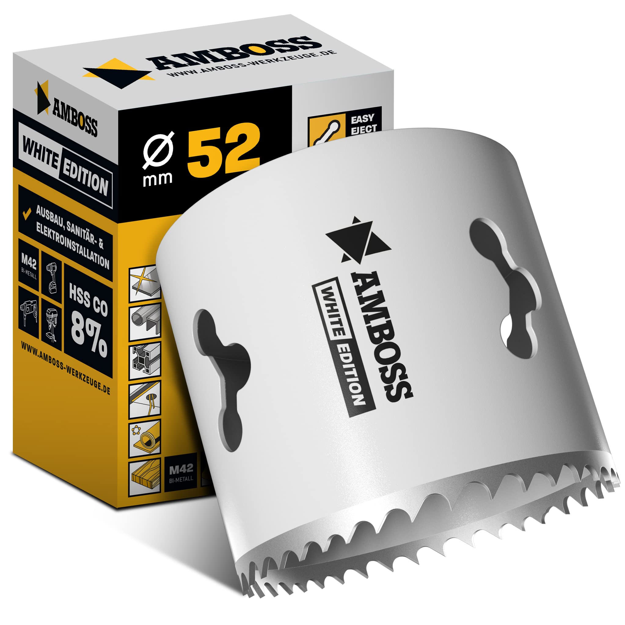 52 mm Amboss Bi-Metall HSS M42 Lochsäge - Für Stahl, Spanplatten, Hartholz, Gipskarton uvm. - Schnitttiefe 48 mm - ohne Aufnahme