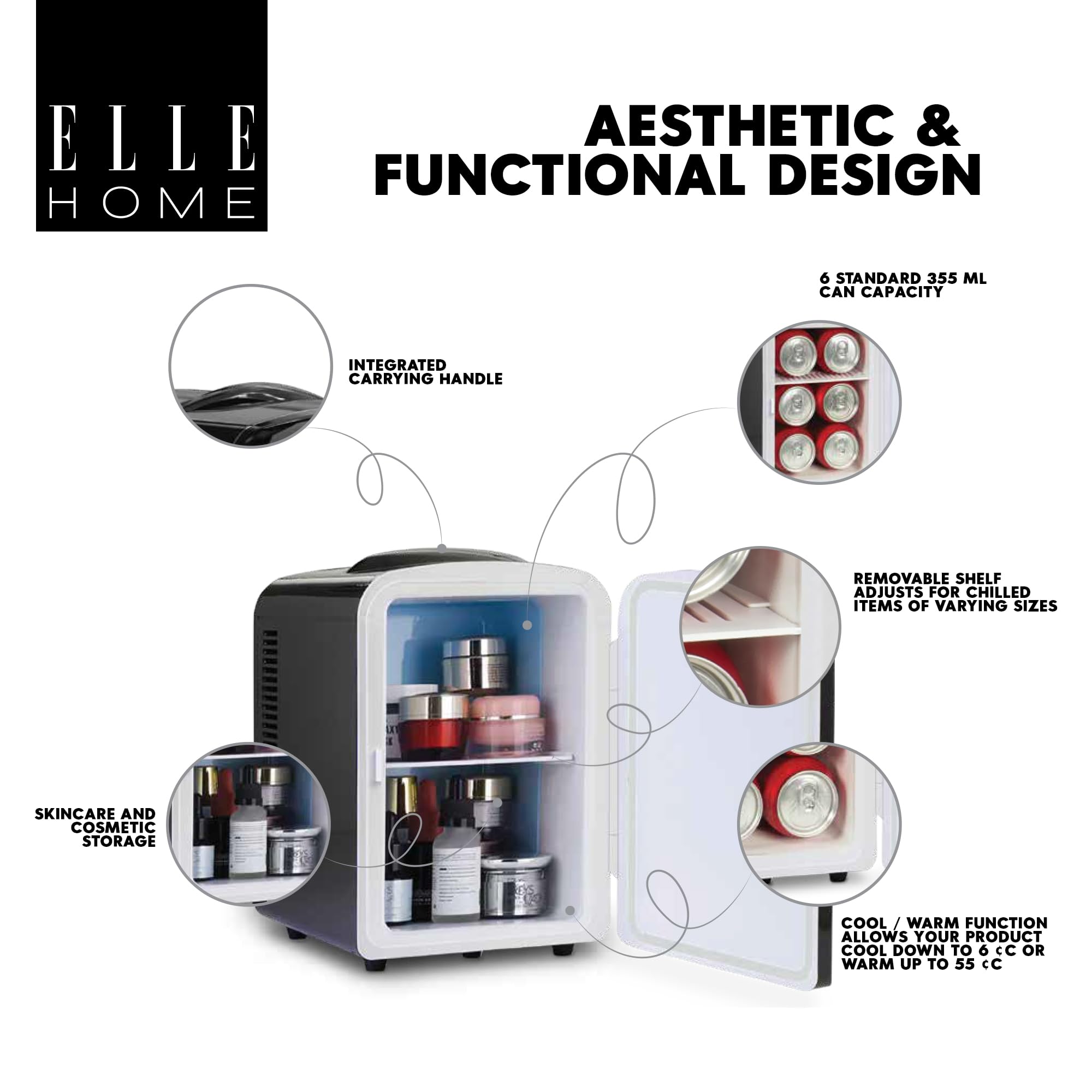 ELLE Mini Frigo 4L Multiuso – Frigorifero Portatile Caldo & Freddo per Skincare, Cura, Cosmetici, Bevande e Snack, Capacità 6 lattine, Mensola Rimovibile, Maniglia di Trasporto, Nero