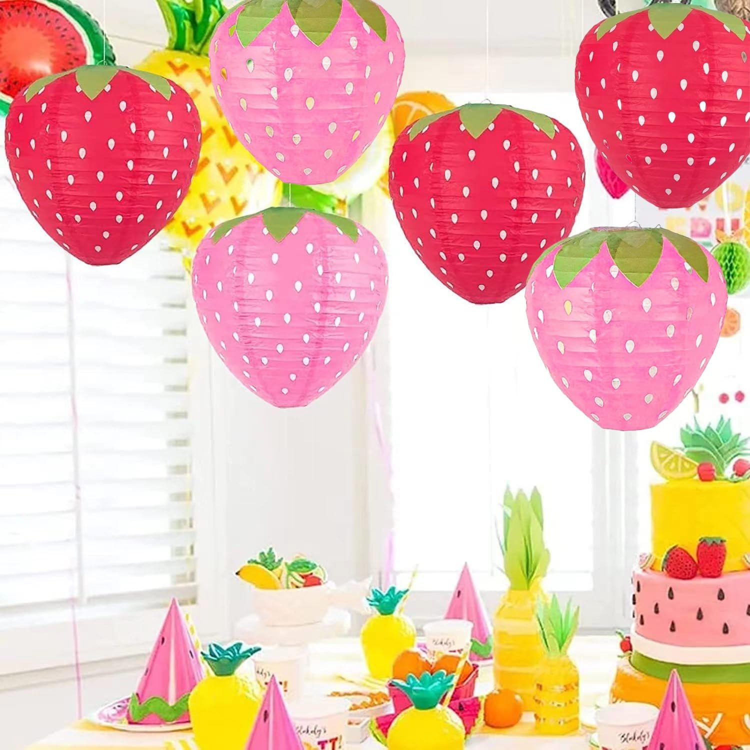 Strawberry Paper Lanterns - 8PCS Hanging Decorations for Room, Birthday Party, Wedding, Garden - 8 Inch, Red and Pink