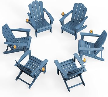 Folding Adirondack Chair Set of 6 with Cup Holder, Navy | HDPE All-Weather Patio Chairs, Wooden Textured Lawn Chair for Poolside, Backyard, Deck, Fire Pit
