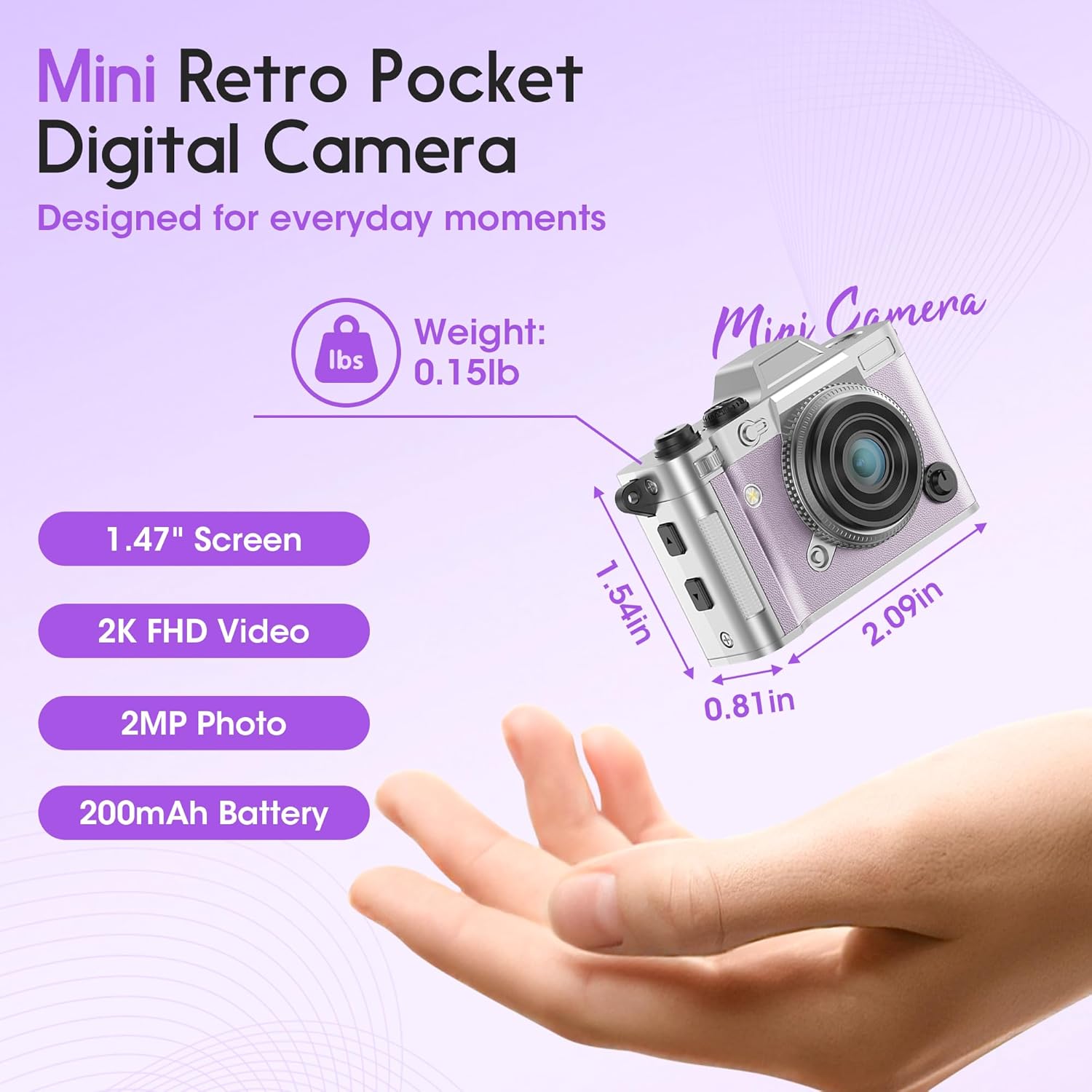 Portable Mini Digital Camera, Small Keychain Retro Camera for Kids Adults, Tiny Pocket Size 2K HD Video Recorder with 16GB Card, Cute Vintage Camcorder for Travel Camp Memories, Purple