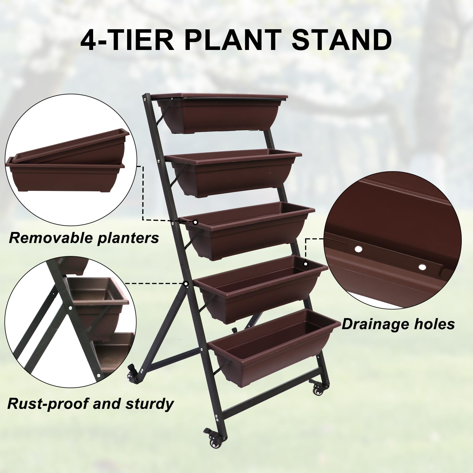 BIGTREE Hochbeet - Pflanzbeet aus Metall mit 5 Etagen - Blumentreppe Pflanztreppe mit Rollen 65x65x135cm - Gemüsebeet & Kräuterhochbeet für Balkon, Terrasse und Garten