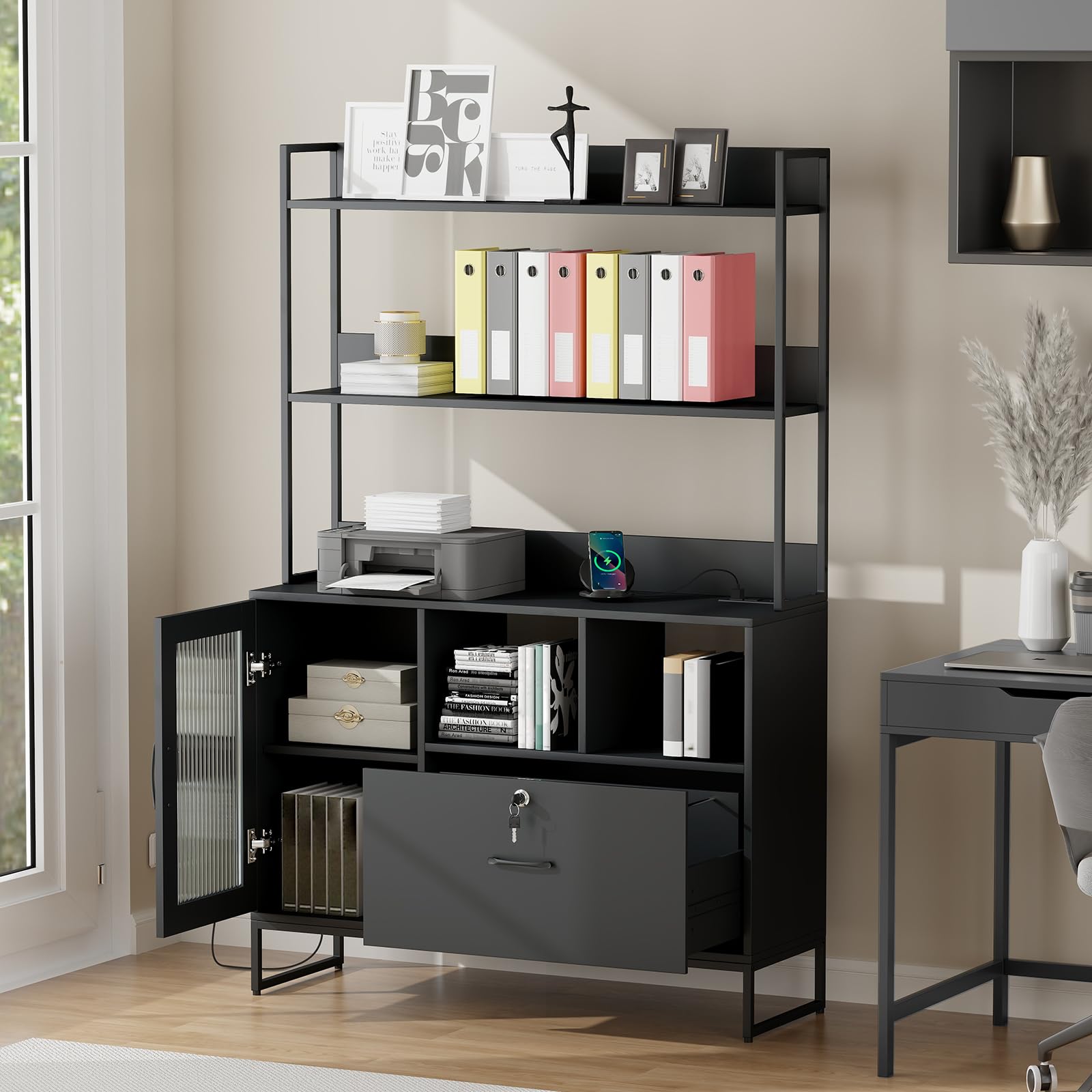 ARTETHYSFile Cabinet with Lock Vertical Filing Cabinets with Drawer and Charging Station Lateral File Organizer Modern Printer Stand with Open Storage Shelves for Home Office, Black