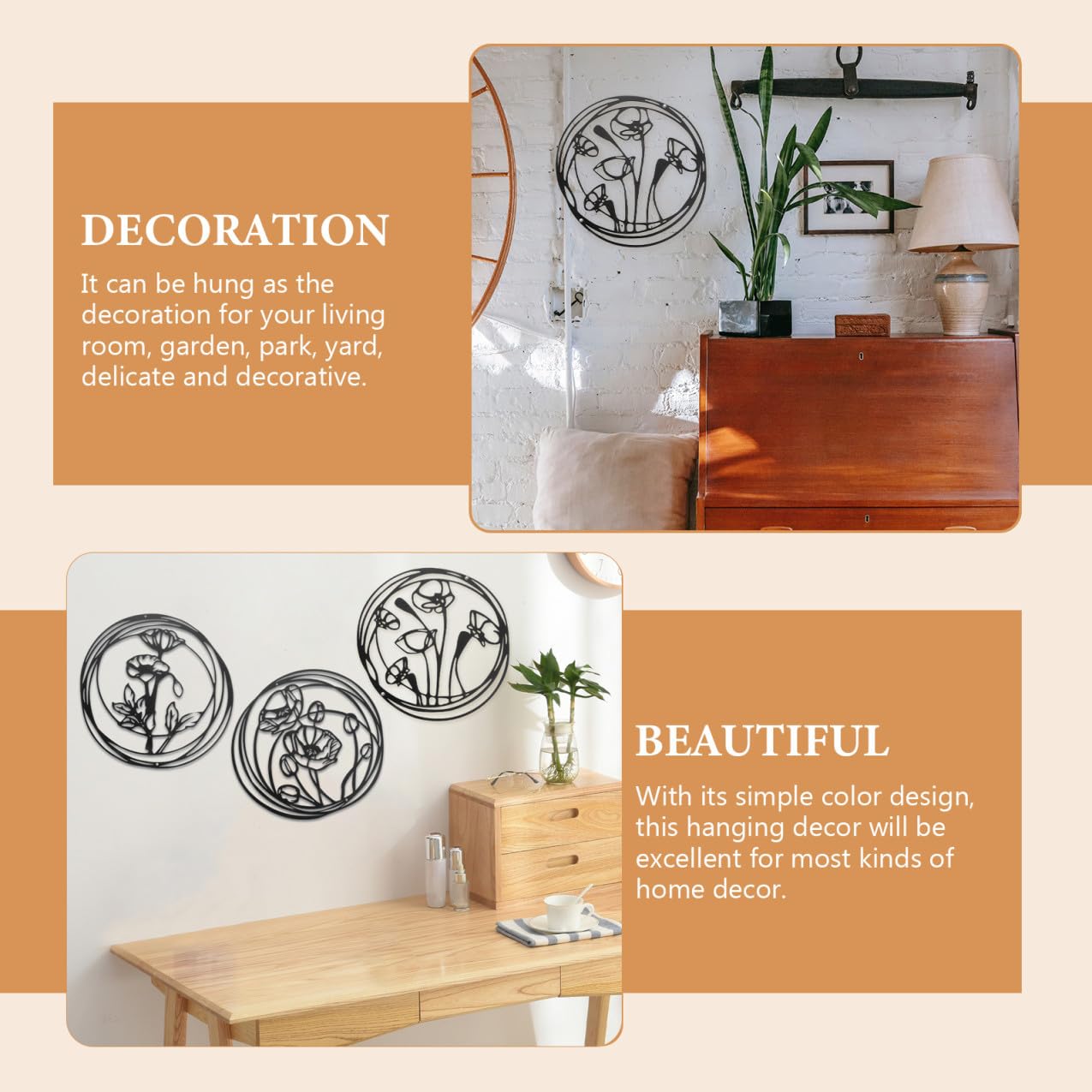ULDIGI Decoraciones de Pared Flores de Hierro Negras, 3 Piezas | Diseño Geométrico y Circular, Colgante Fijable, Apto para Jardín y Armario