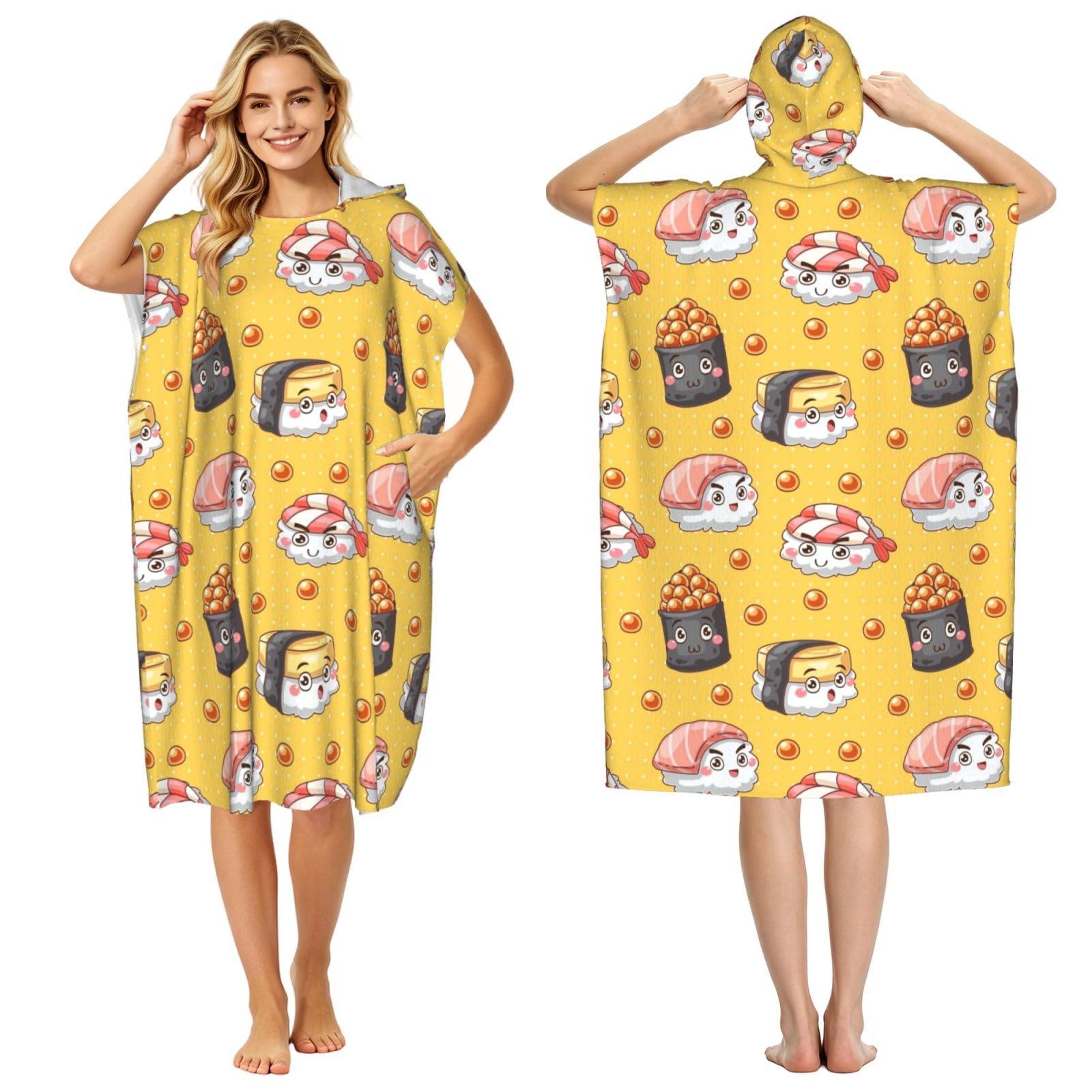 Poadnly Cute Funny Sushi, Adult Hooded Beach Towel 90 x 110 cm,Changing Bath Robe, Surf Poncho Towel For Women Men