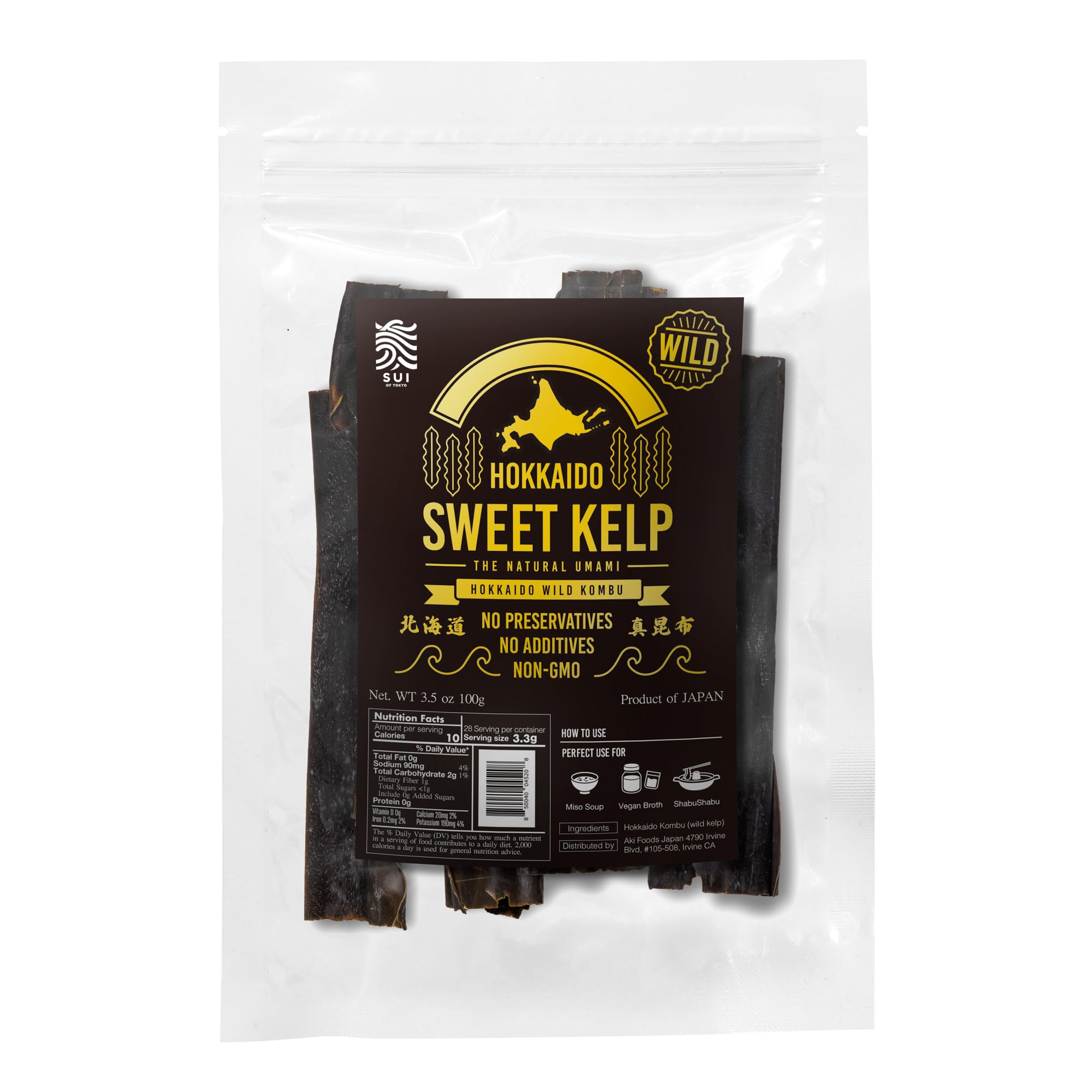 Varech doux Hokkaido, Umami naturel, Kombu sauvage de Hokkaido | Sans conservateurs, sans additifs, sans OGM | Algues séchées japonaises | 100 g SUI of Tokyo