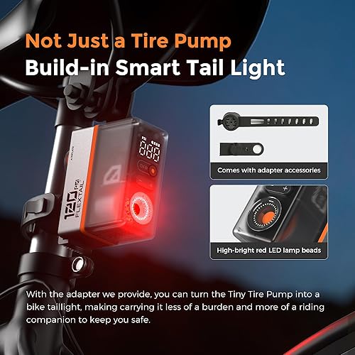 Miniatura 3 de FLEXTAILGEAR Mini Bike Tire Pump with Gauge&Taillight, 130 PSI Portable Electric Bicycle Pump with Presta and Schrader Valve for Road and Mountain