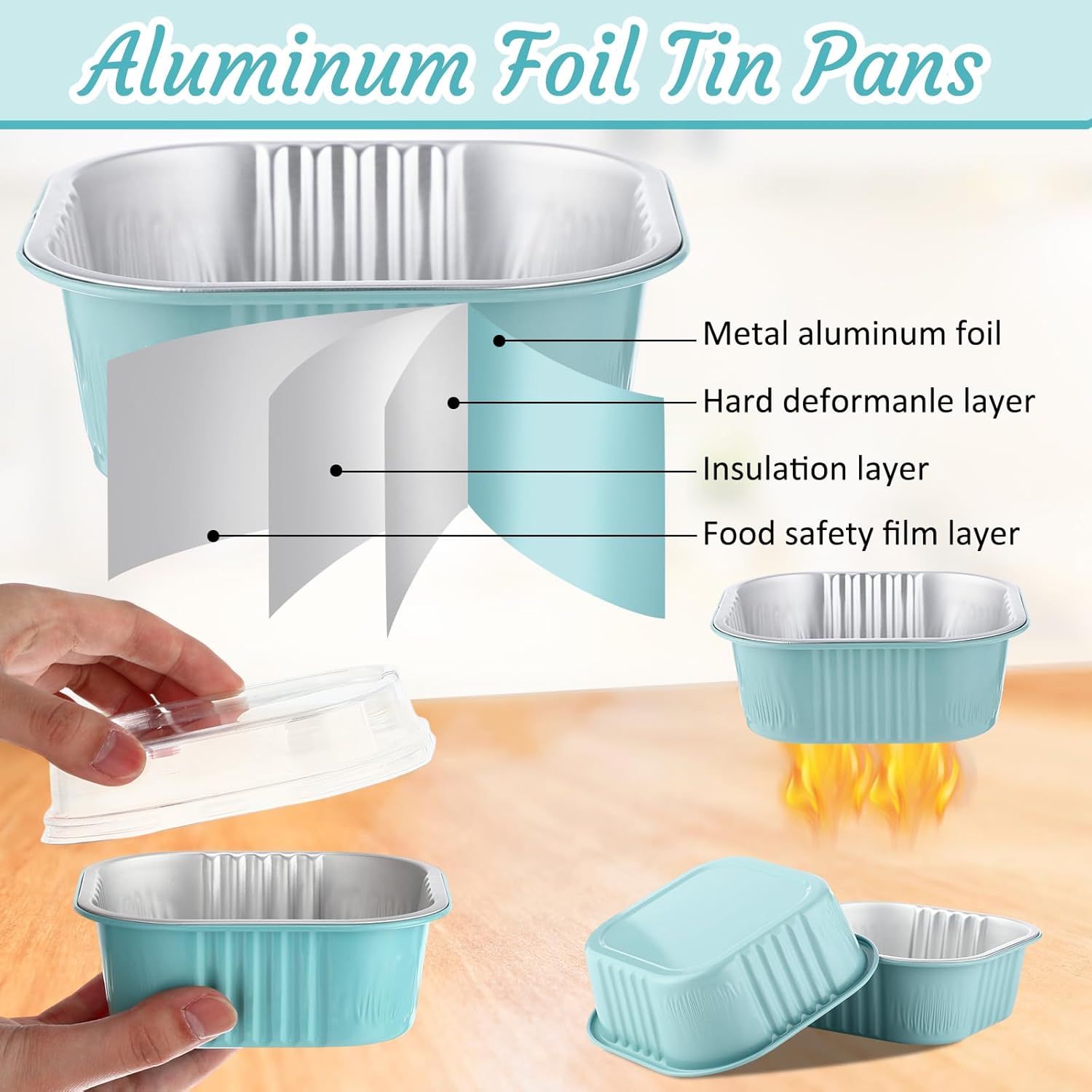 Aoriher 150 Pieces 10 oz Mini Cake Pans with Lids Aluminum Foil Baking Cups Square Disposable 4" x 4" Large Cupcake Cups Baking Tins for Kitchen Brownie Pudding Desserts Holders(Light Blue) - Image 6