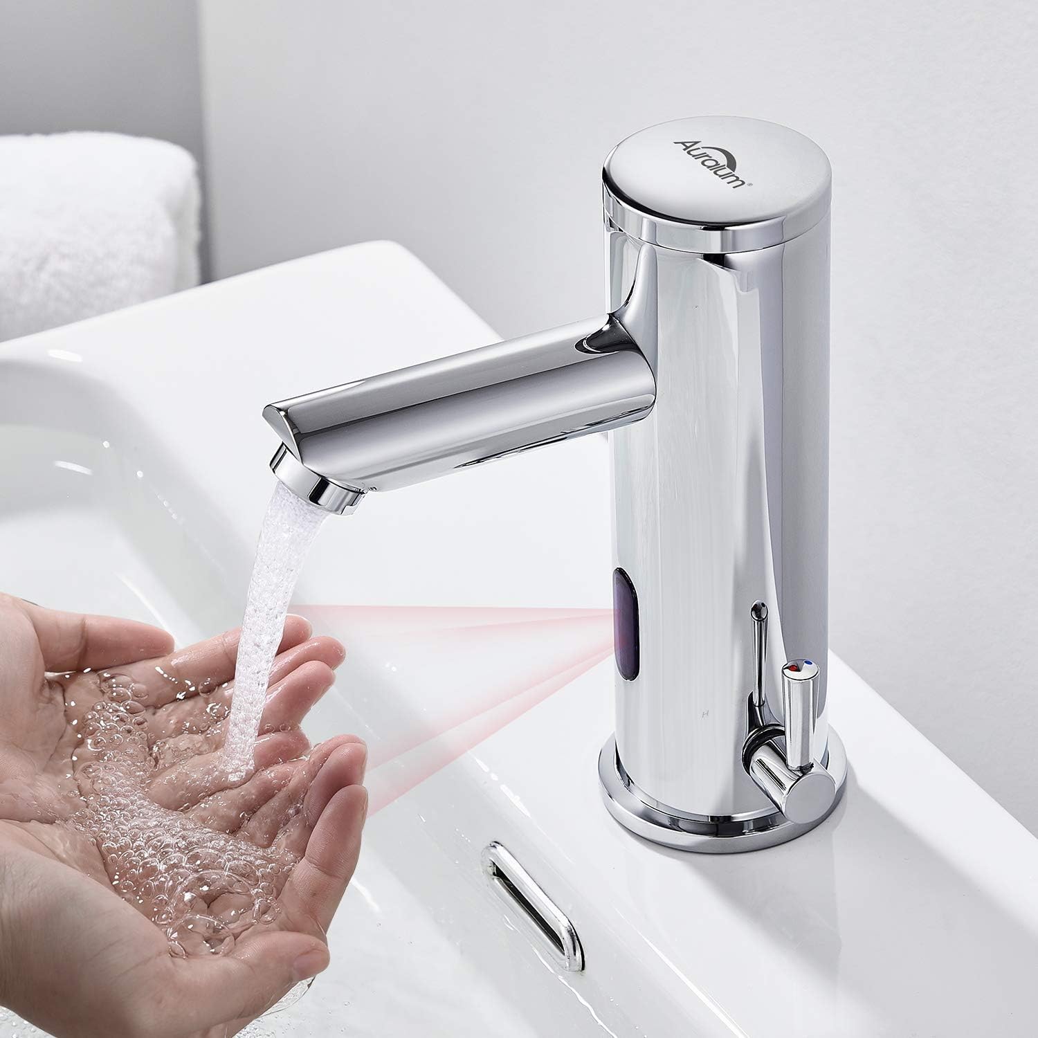 Auralum - Grifo Sensor Automático, Grifo de Lavabo con Sensor Infrarrojo Sin Contacto, Inteligente Grifo Baño, Elegante Cromado Monomando para Agua Caliente y Fría