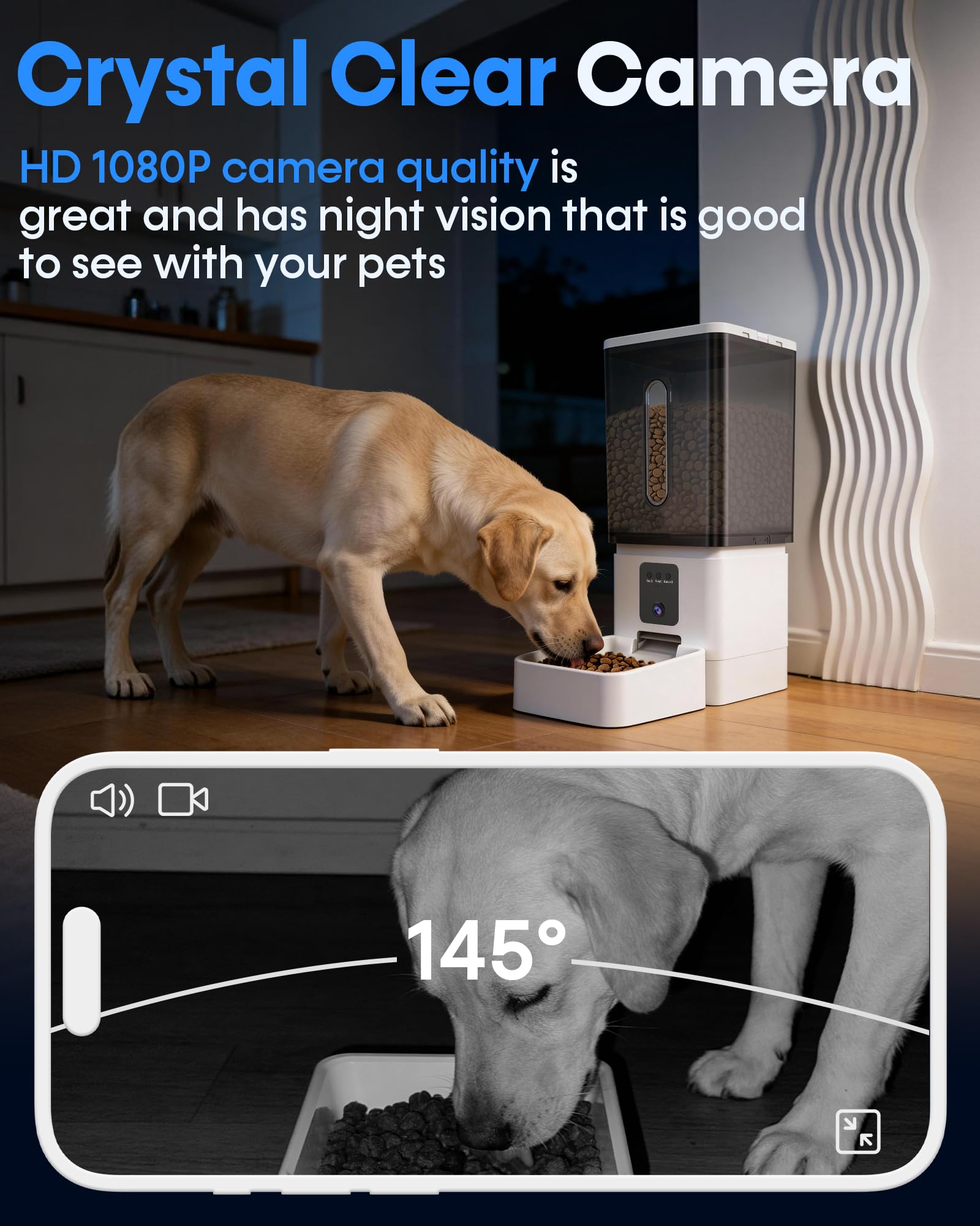 Automatyczny karmnik dla psów Duża rasa: duża pojemność 12 l, kamera HD 1080P | 50 filiżanek/20-dniowa pojemność żywności, 1 minuta łatwa instalacja i aplikacja, Anti-Jam 18 mm duża karma