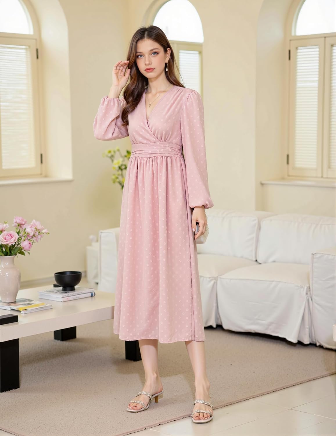 Women's Swiss Dot Boho Dress Fall Long Sleeve Wrap V Neck Ruffle Flowy Maxi Spring Wedding Vacation Dresses - Image 4