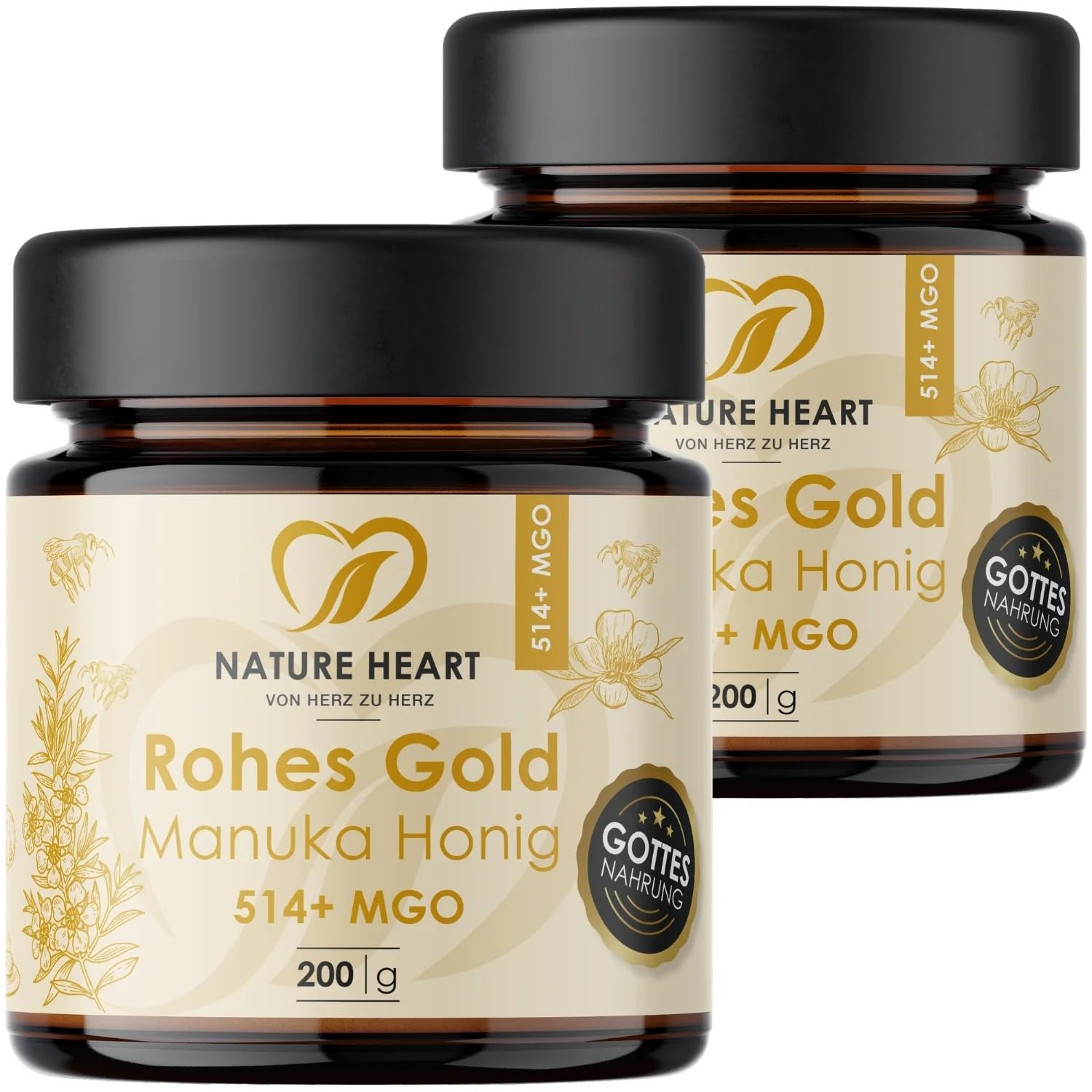 Nature Heart 2x Manuka Honig MGO 514+ | 100% Neuseeland | Roher Manuka Honig | 100% rein ohne Zusatzstoffe | Unabhängig geprüft | Abgefüllt in Deutschland