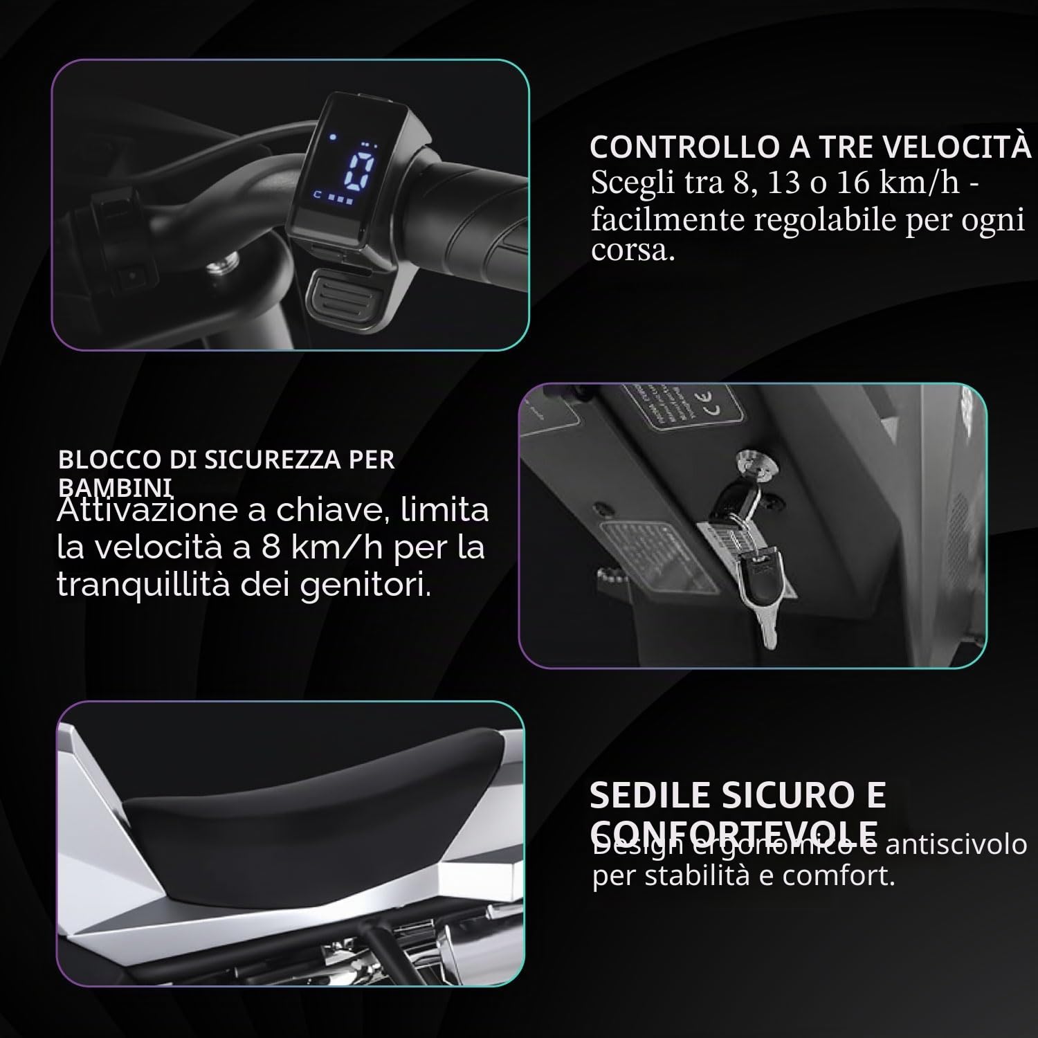 APTUM ADV250 Moto Elettrica per Bambini 8-10 Anni | Motocicletta elettrica con Motore 250/350W, 3 Velocità 8/13/16 km/h, Autonomia 15 km, Pneumatici 12,5”, Suoni Reali ed Effetto Nebbia