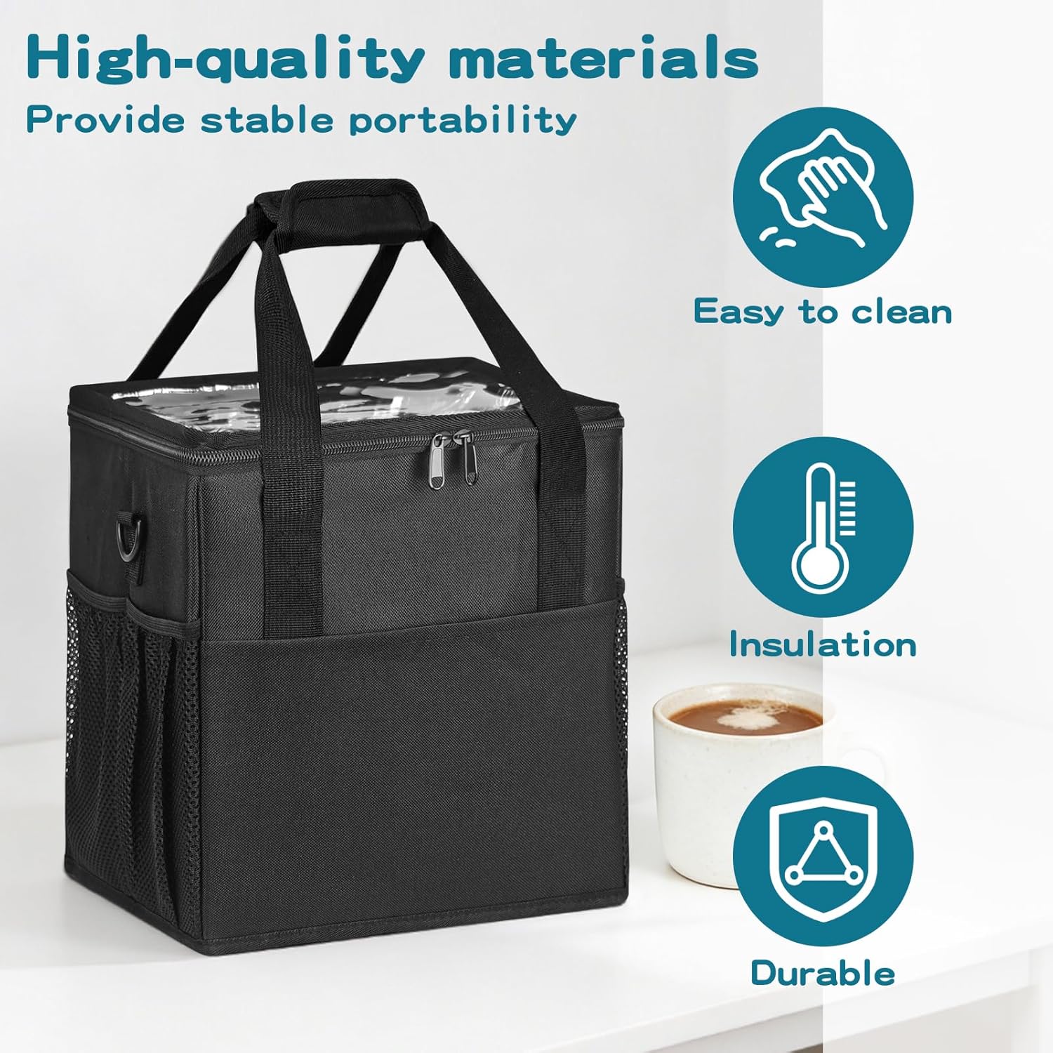 Grekos Reusable Coffee Cup Carrier, 4 Cup Portable Tote Bag Drink Holder with Delivery Shoulder Strap & Adjustable Dividers, Insulated Waterproof, Foldable Coffee Cup Holder for Hot & Cold Drinks - Image 3