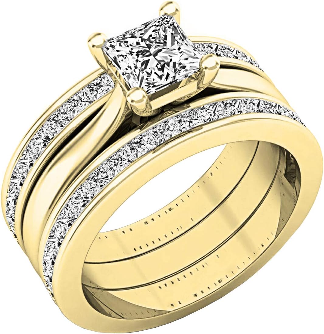 Dazzlingrock Collection 2.05 Ctw 14K Real Solid Gold Princess Cut White Natural Diamond Bridal Engagement Ring Matching Band Set 2 CT