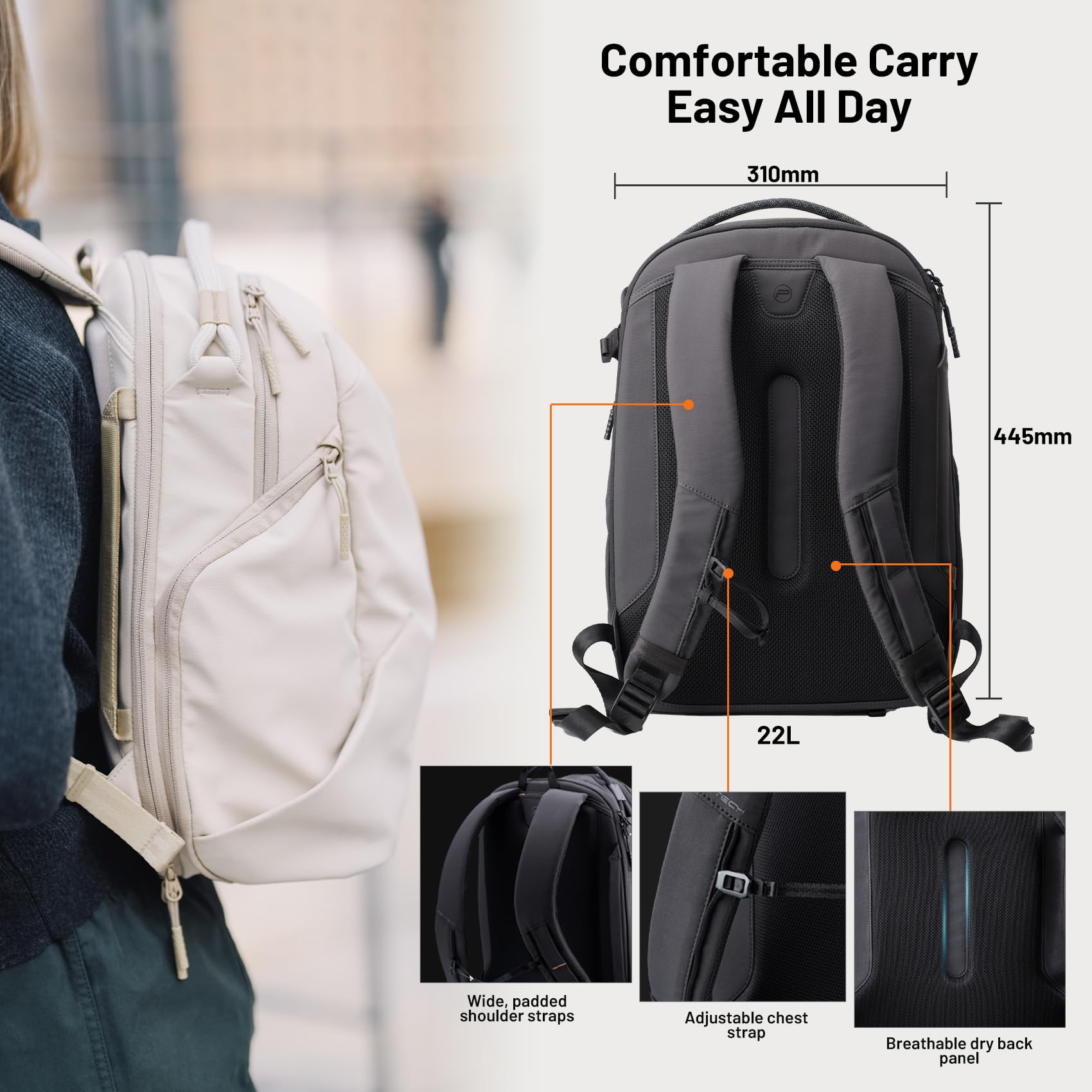 PGYTECH OneGo Lite Kamerarucksack 22L, Leichter Wasserabweisend Rucksack Fotografin für Stadt & Reise, Kameratasche Kompatibel mit Spiegelreflexkamera Sony/Canon/Nikon, 16'' Laptop, Matt Schwarz
