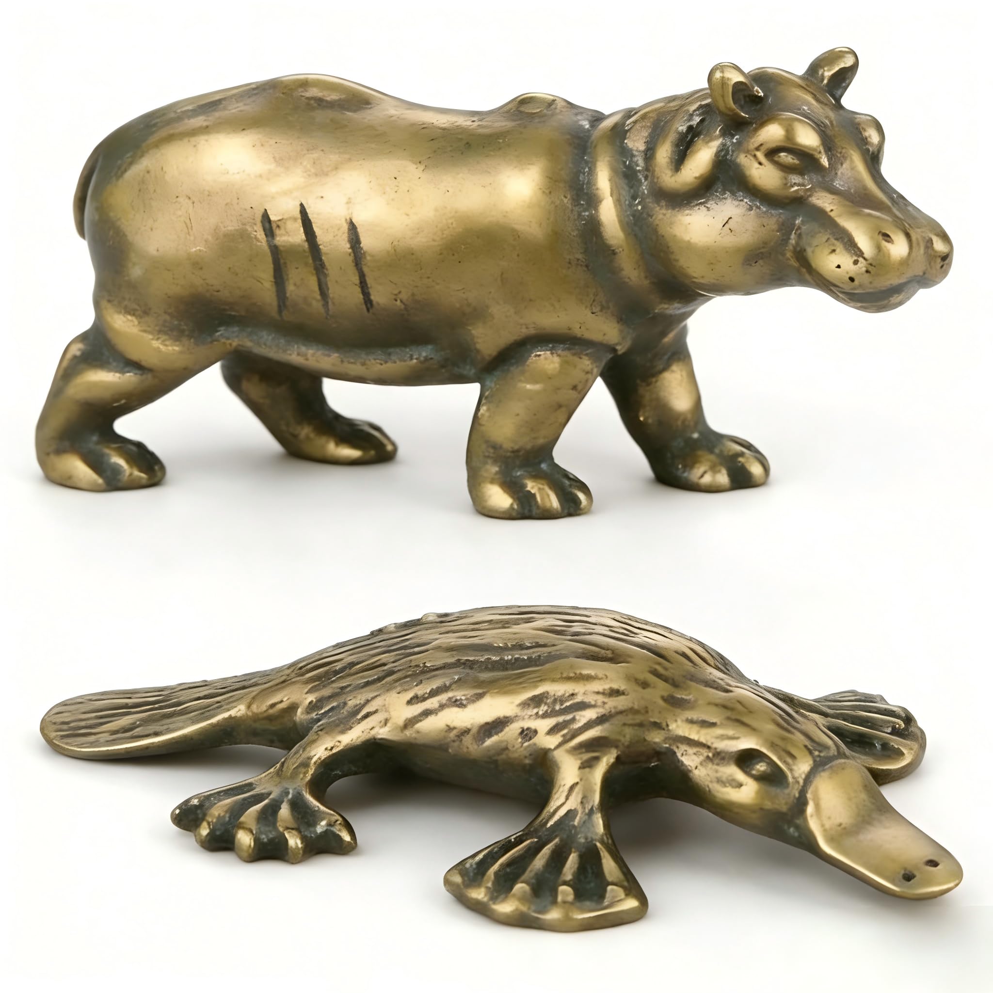 Zestaw 2 miniaturowych figurek zwierząt z mosiądzu – Hipopotam i Dziobak, małe figurki dekoracyjne na półkę biurkową, kolekcjonerska dekoracja do domowego biura w stylu vintage