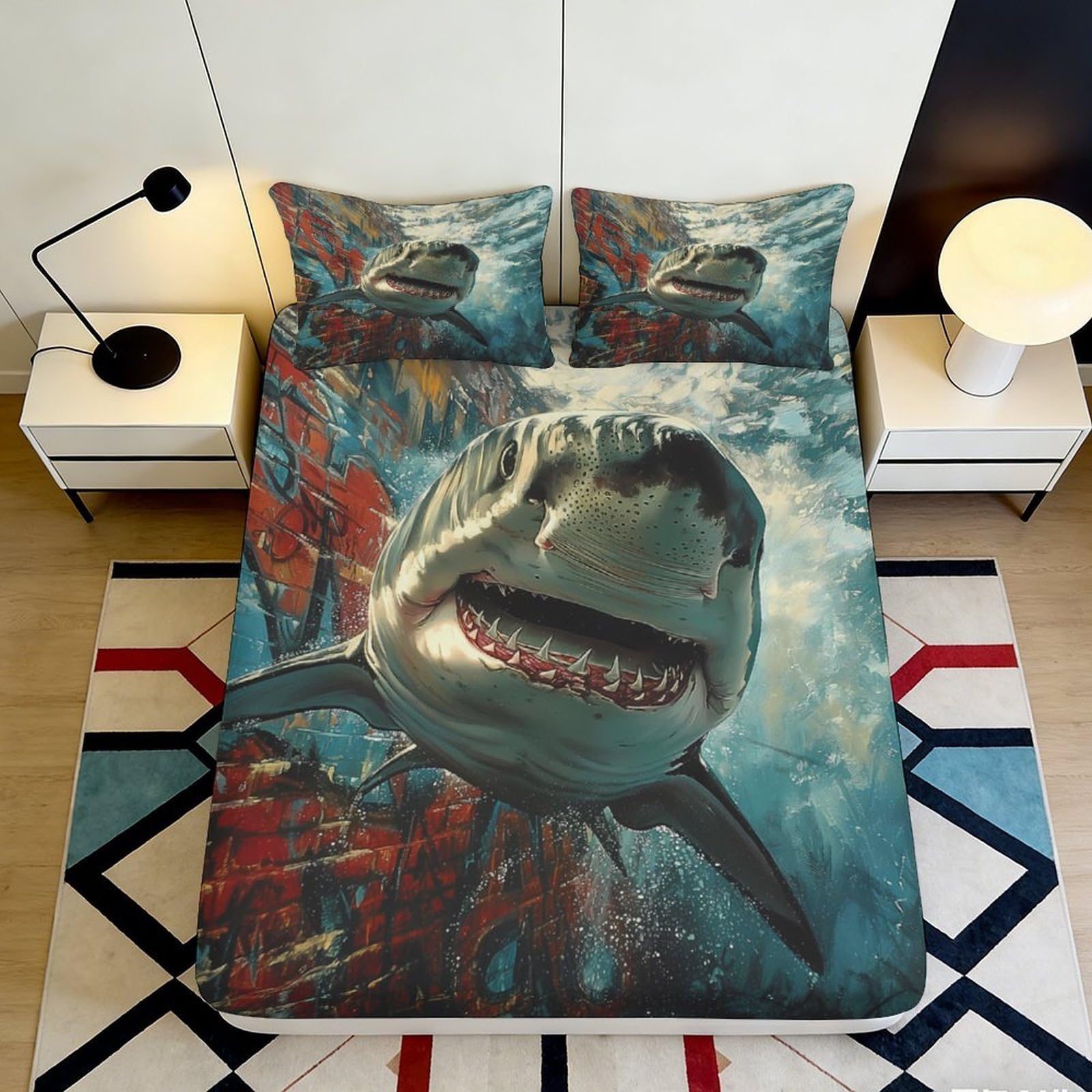 3D Printed Shark Ocean Fitted Sheet Microfiber Deep Sea Predator Bed Cover for Bedroom Dorm Easy Care Decor 90x200x25cm