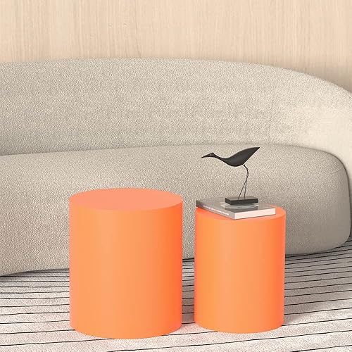 WILLIAMSPACE Juego de 2 mesas auxiliares anidables, redondas de madera, color naranja, mesa circular moderna para espacios pequeños, sala de estar,