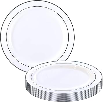Kaya White Plastic Buffet Plate - 9" | Silver Edge Rim | Pack of 10