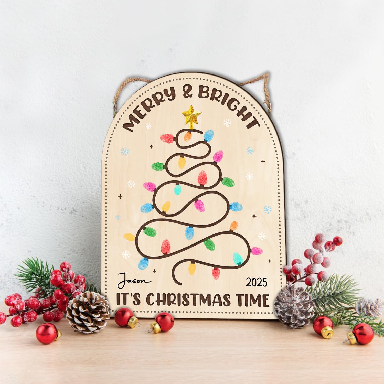 DIY Wooden Christmas Lights Fingerprint Keepsake Sign – Family Holiday Memory Craft Hanging Decor, Personalized Seasonal Display Plaque image 5