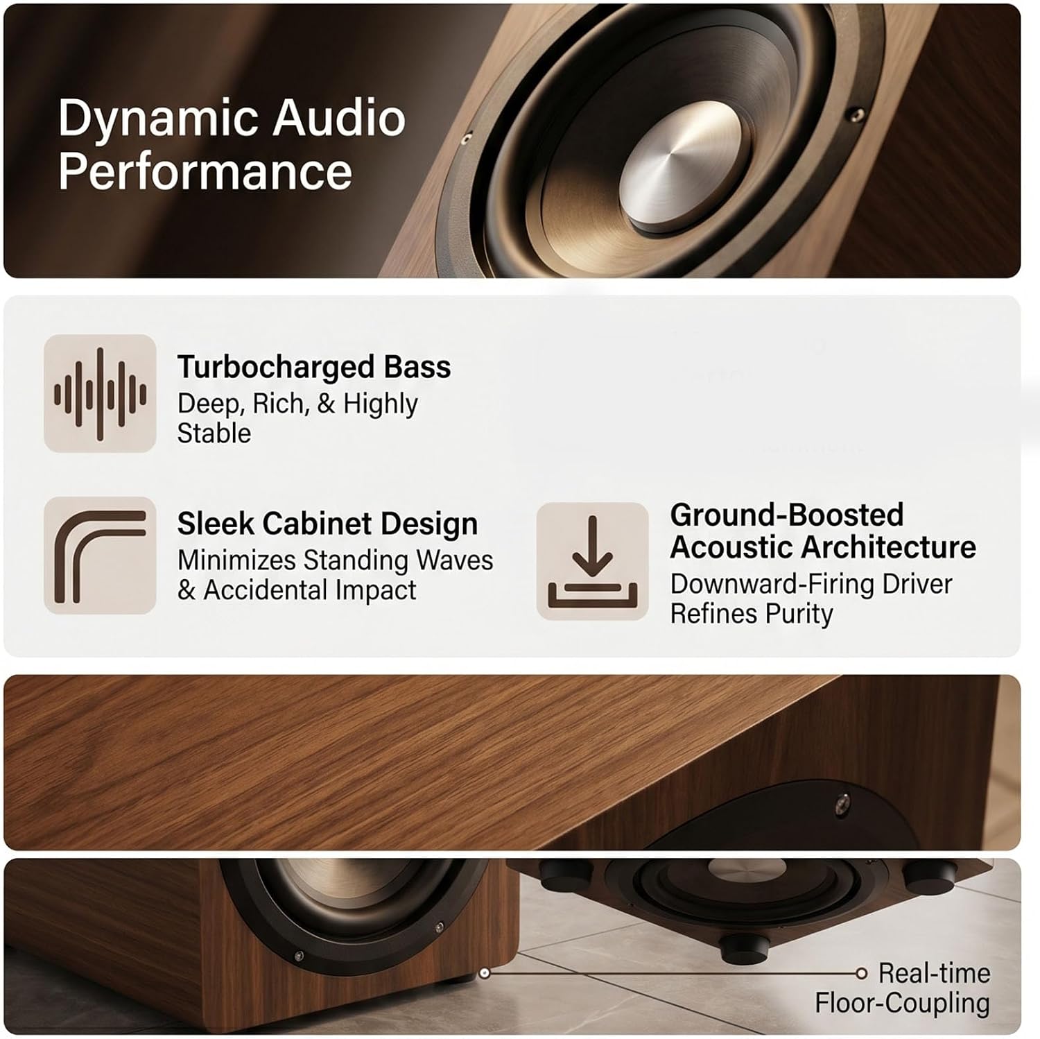 Fockety Powered Subwoofer, 6.5 Inch 100W Oak Color Independent Active Deep Bass Speaker with Sound Cable, Rounded Rectangle Design Theater Subwoofers for Home Music Production Gaming (US Plug)
