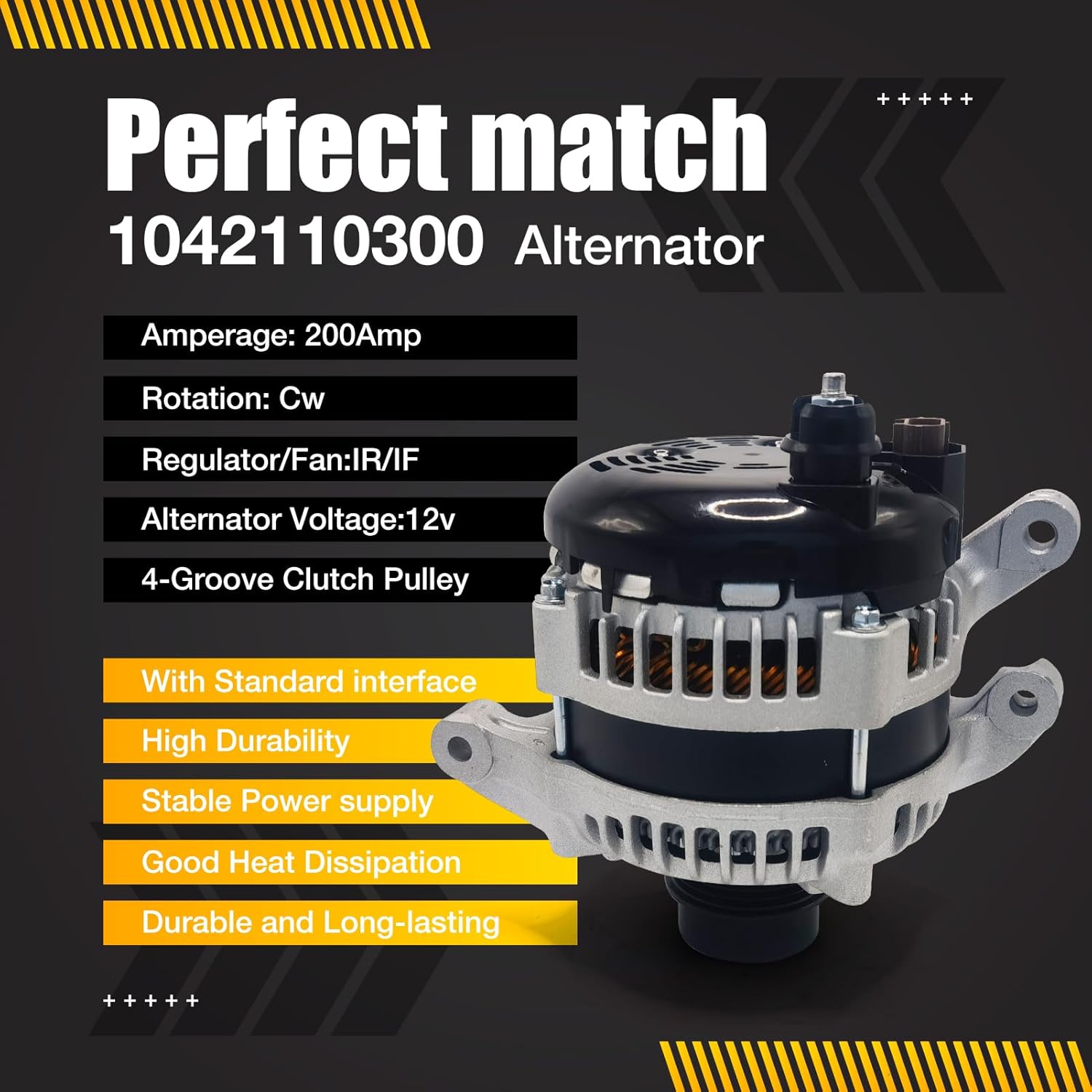 104211-0300 New Alternator 12V 200A Fit for Ford Explorer 2013-2019, Fusion 2013-2020, Edge, Taurus 2013-2017 & Lincoln MKZ, MKC, MKT，Replace 11664，104210-6571