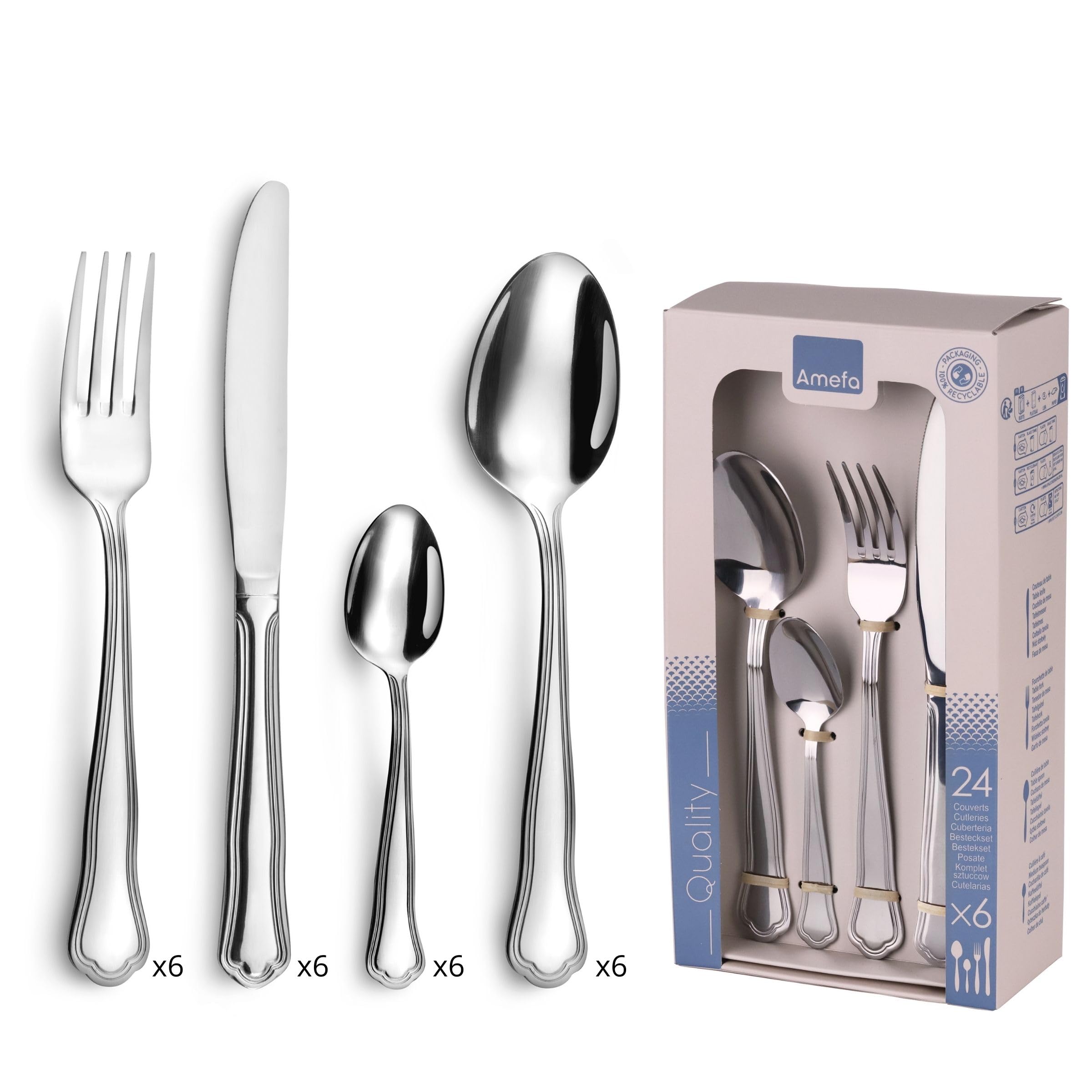 AMEFA - Ménagère 24 couverts de table pour 6 personnes - Contour Urfé - Acier inoxydable 18/​0, Finition Miroir